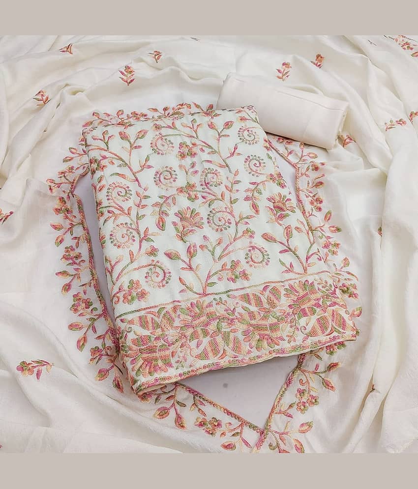 Rangtulika Ethnics Women Silk Unstitched Dress Material ( White ) - Unstitched Fabrics | Buy online on ZillyBuy