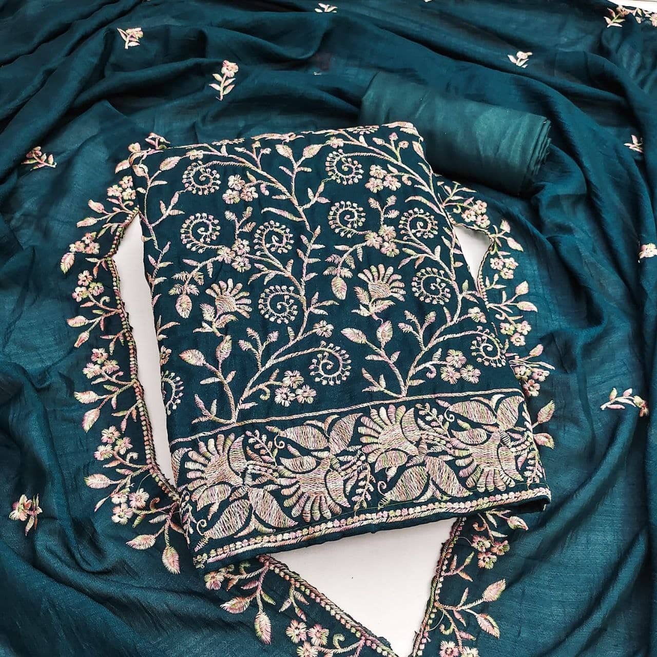 Rangtulika Ethnics Women Silk Unstitched Dress Material ( Blue ) - Unstitched Fabrics | Buy online on ZillyBuy