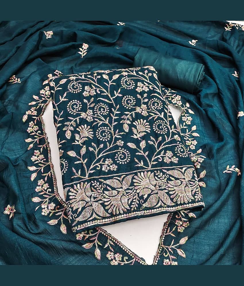 Rangtulika Ethnics Women Silk Unstitched Dress Material ( Blue ) - Unstitched Fabrics | Buy online on ZillyBuy