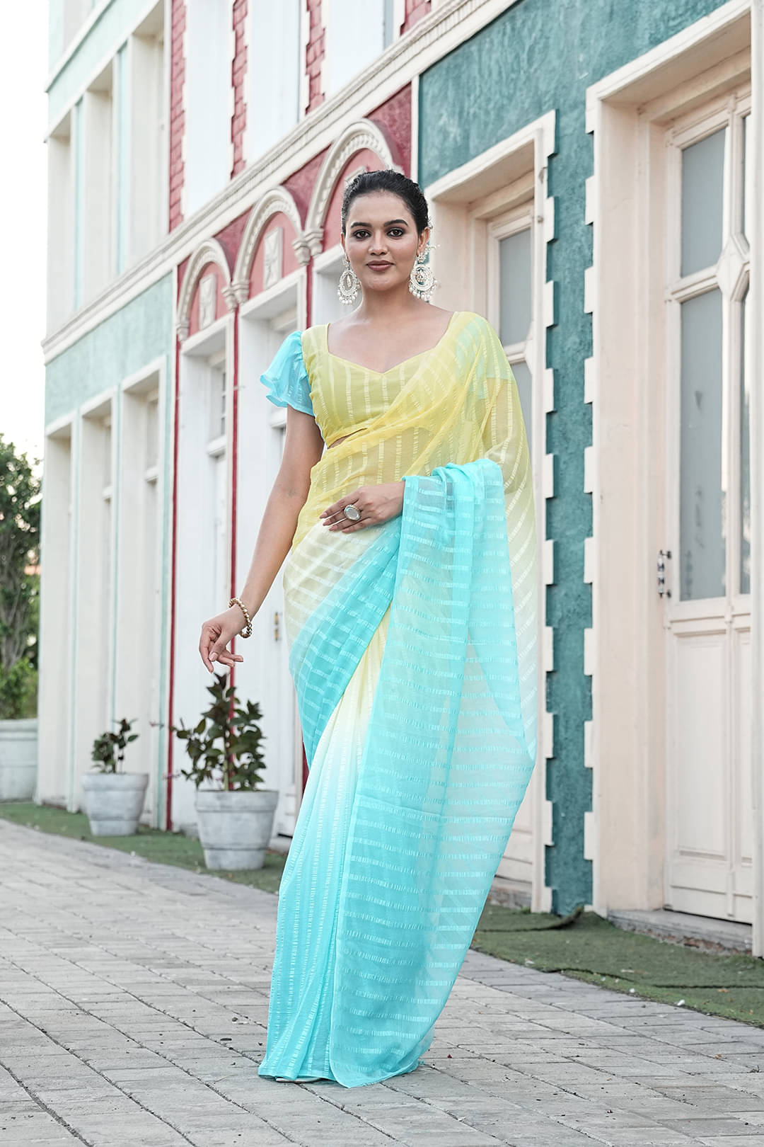 Sanjana Silk Silk Blend Dyed Maheshwari Saree With Unstitched Blouse Piece ( Yellow )     			Sanjana Silk Silk Blend Dyed Maheshwari Saree With Unstitched Blouse Piece ( Yellow )