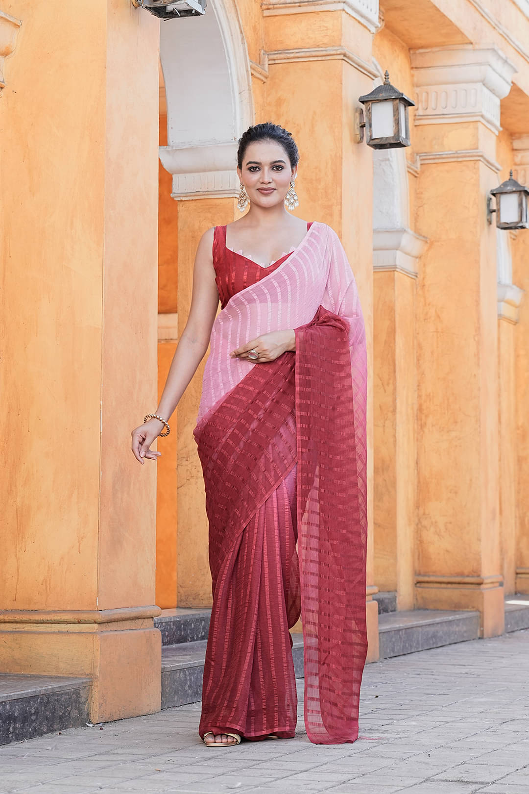 Sitanjali Silk Blend Striped Maheshwari Saree With Unstitched Blouse Piece ( Red ) Sitanjali Silk Blend Striped Maheshwari Saree With Unstitched Blouse Piece ( Red )