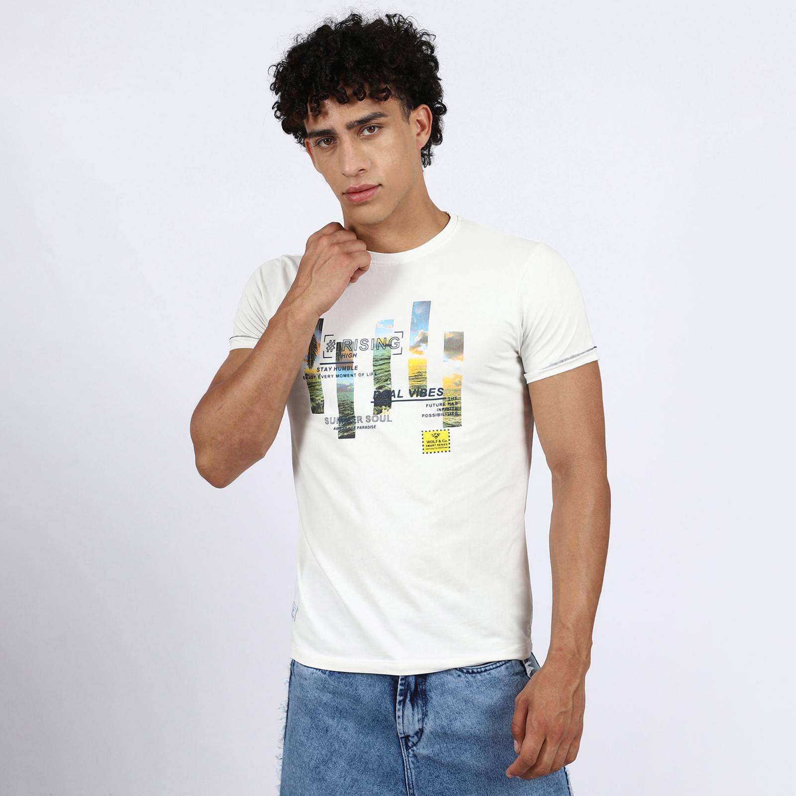     			Wolf & co. Men Cotton Regular Fit Printed T-Shirt ( White )
