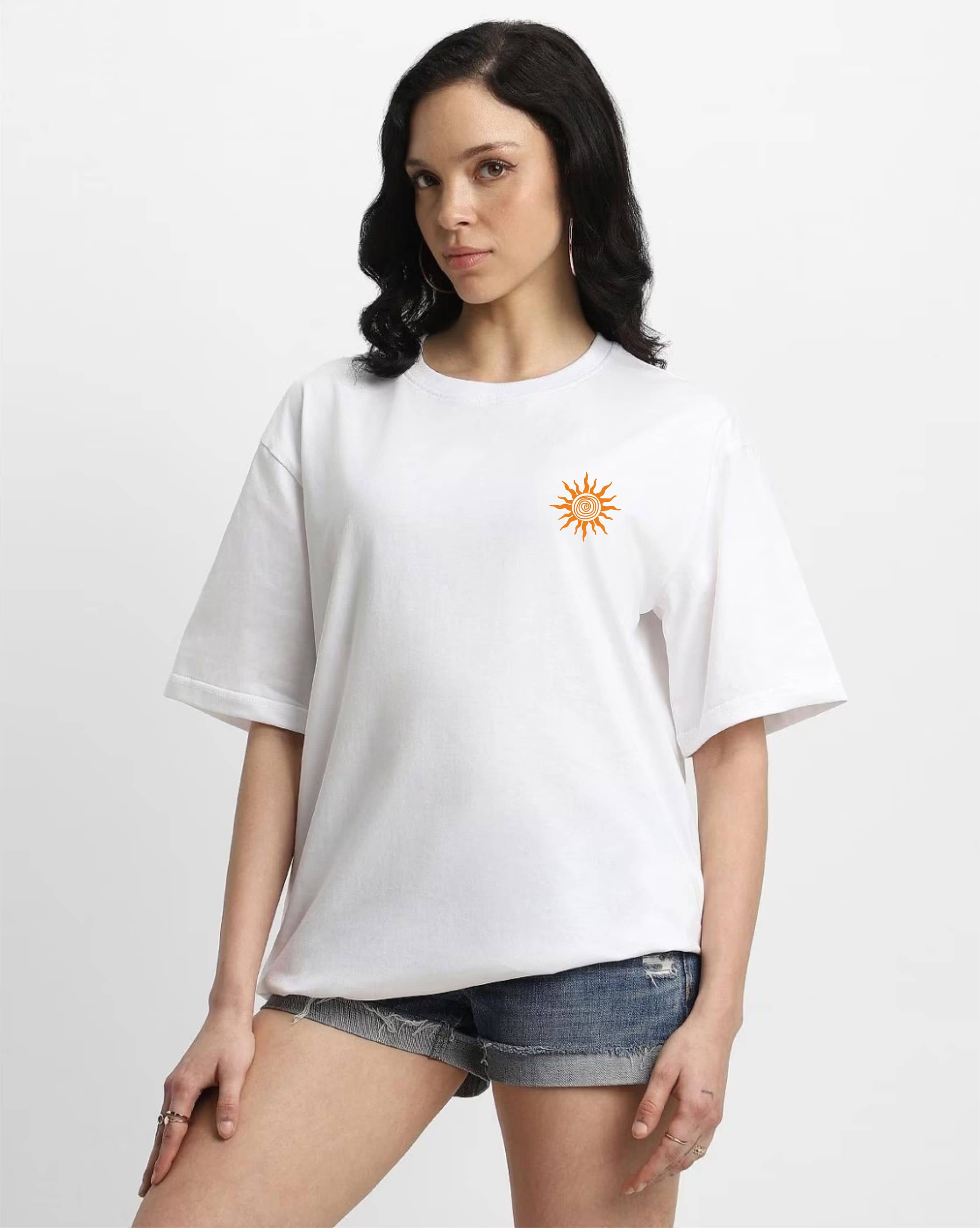 ekadravin Women Cotton Printed Oversized Fit Round Neck T-Shirt ( White )