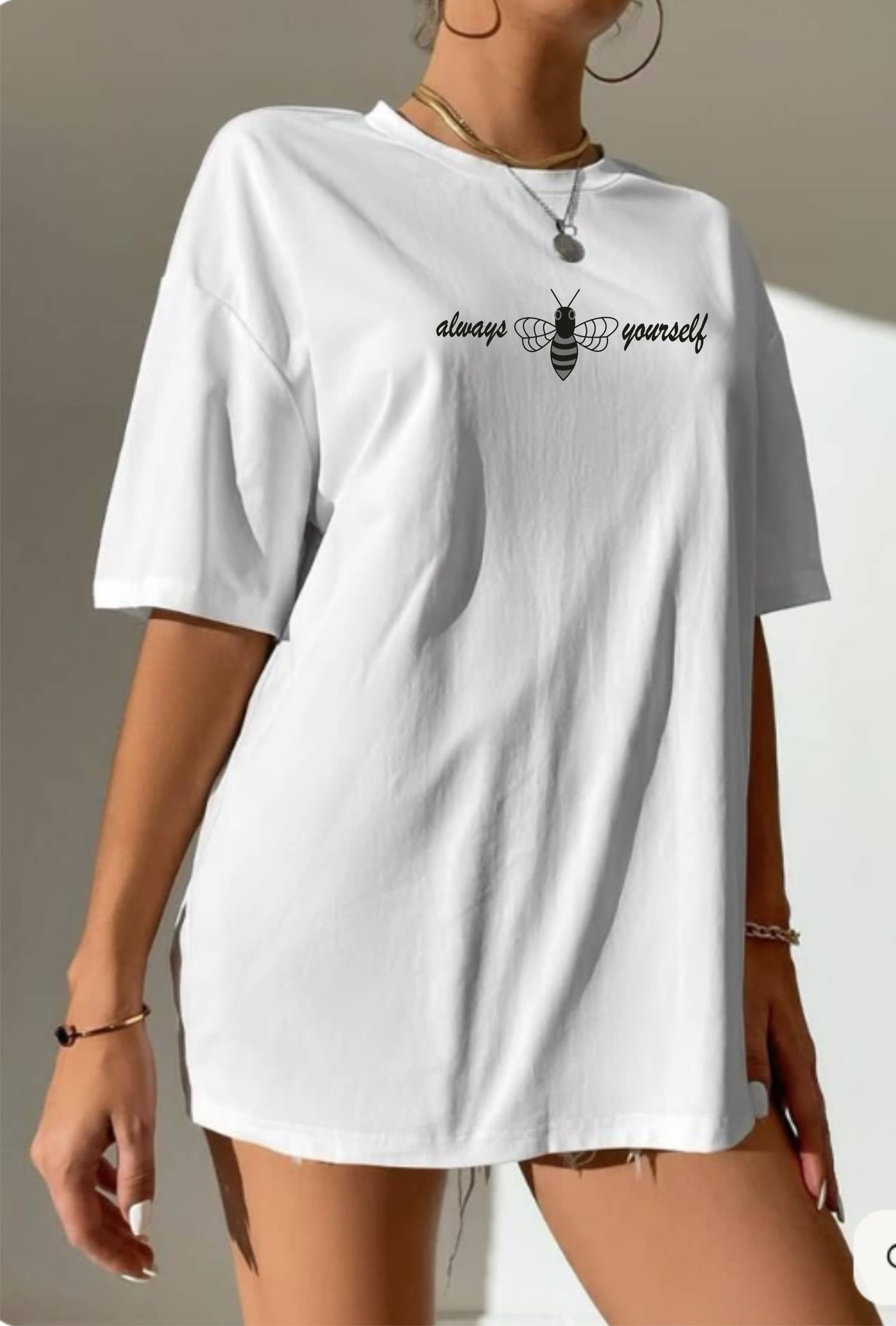 ekadravin Women Cotton Printed Oversized Fit Round Neck T-Shirt ( White )