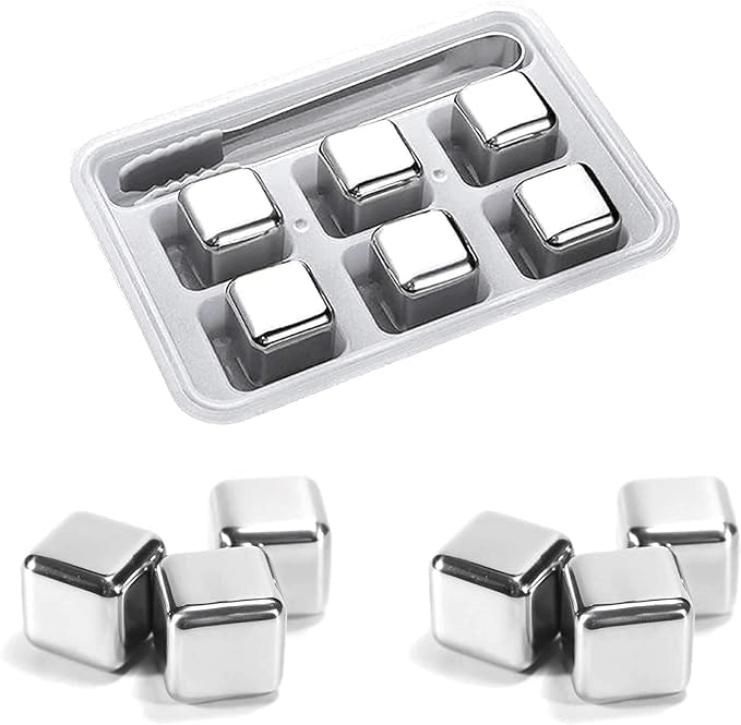 sakimo Stainless Steel Whiskey Stones Set with Tongs & Container – Reusable Metal Ice Cubes for Whiskey, Red , Cocktails – Food-Grade Quick-Freeze Ice Cubes – Chill Drinks Without Dilution