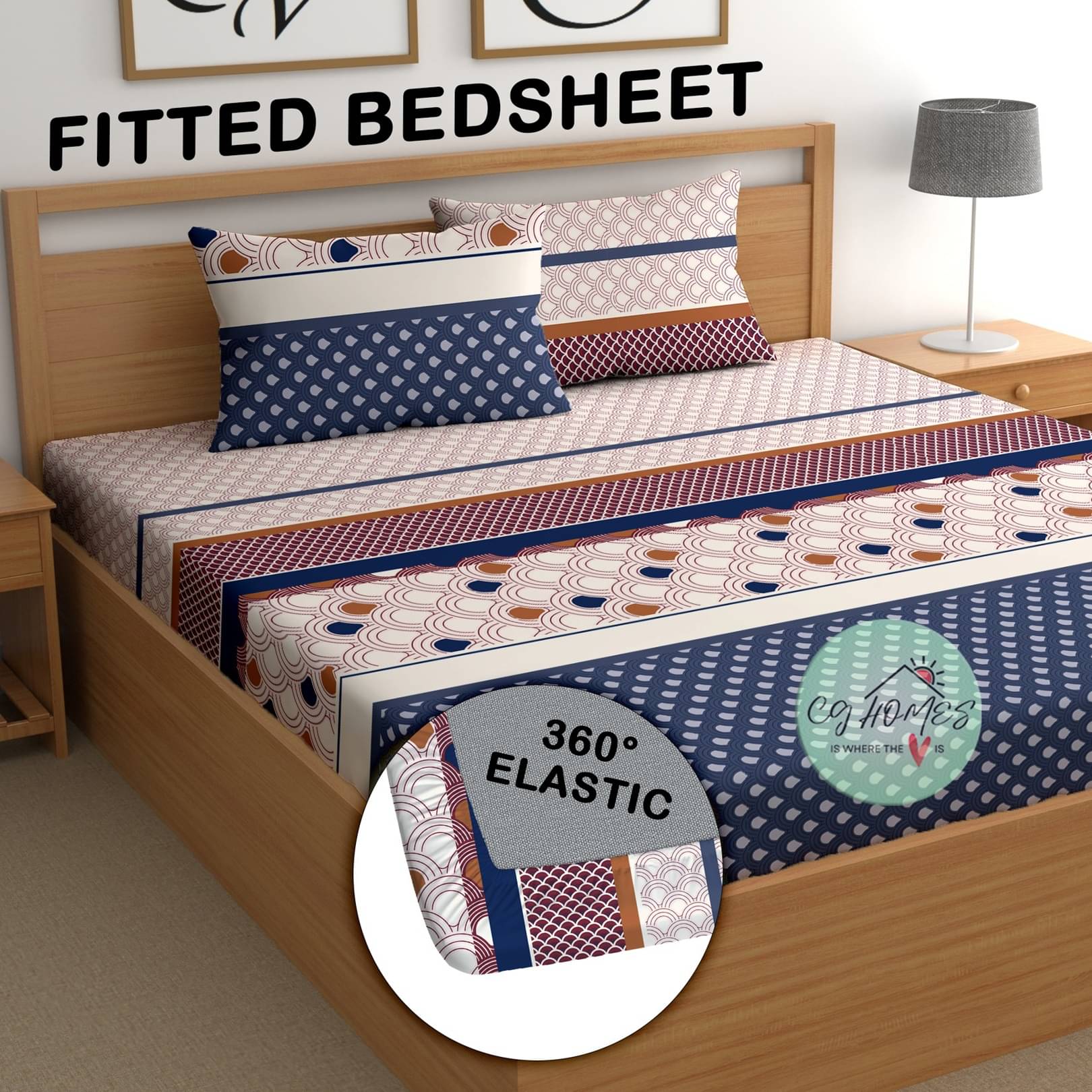     			CG HOMES Microfibre Abstract Fitted Fitted bedsheet with 2 Pillow Covers ( Double Bed ) - Blue