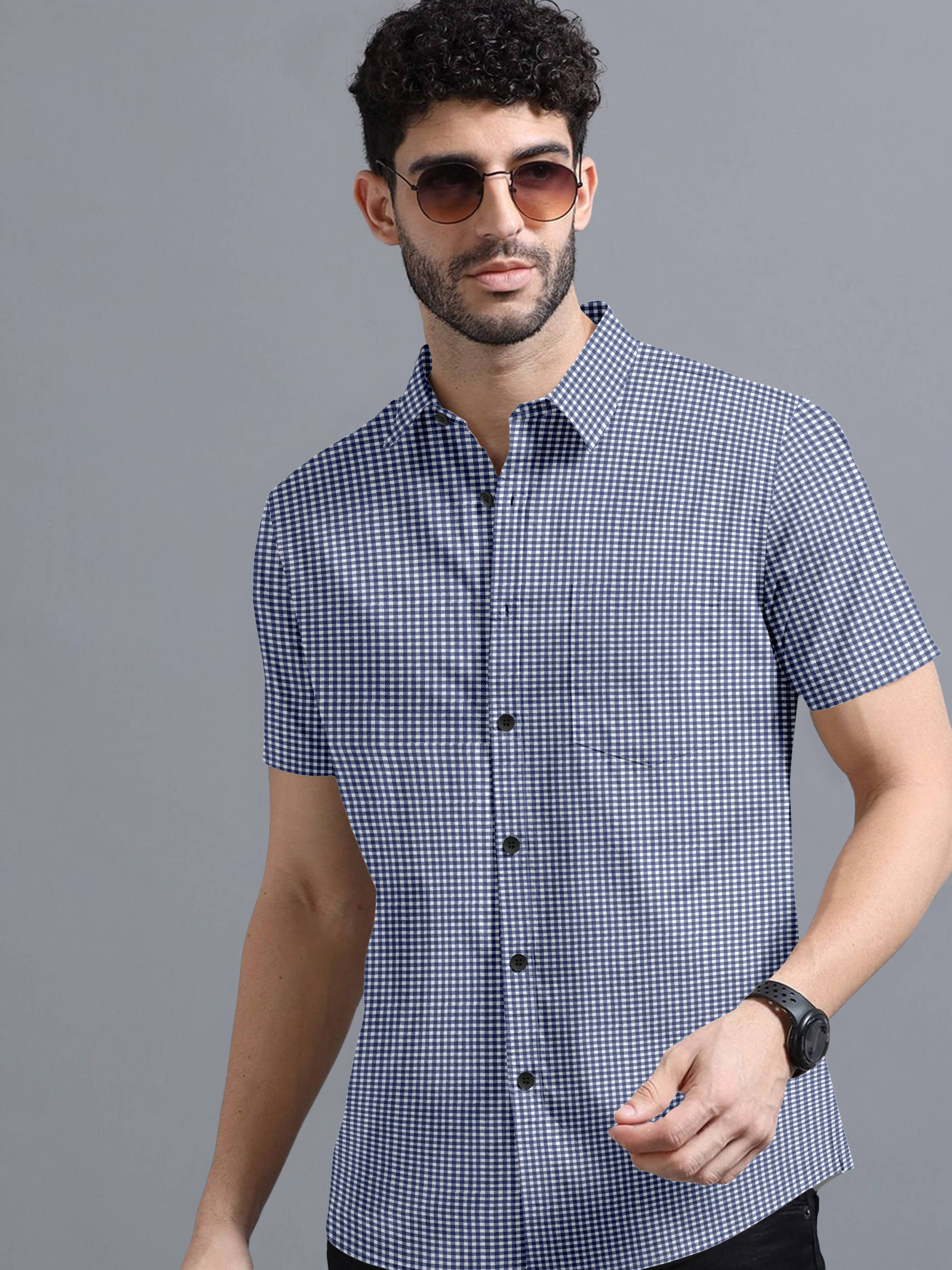 Ethnic Trendz Cotton Blend Regular Fit Checks Half Sleeves Men's Casual Shirt - Navy Blue ( Pack of 1 ) Ethnic Trendz Cotton Blend Regular Fit Checks Half Sleeves Men's Casual Shirt - Navy Blue ( Pack of 1 )