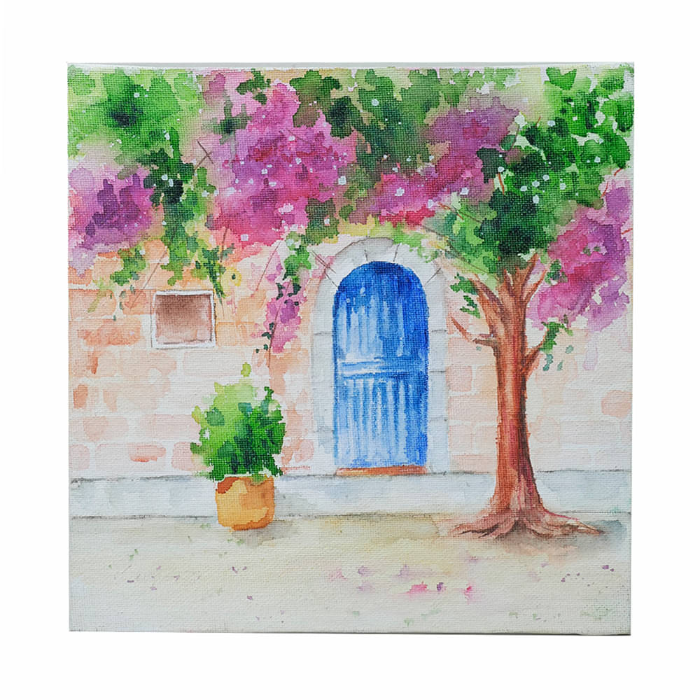Exclusively hand-painted Water Colors art on Canvas blue door n tree \nby Penkraft Exclusively hand-painted Water Colors art on Canvas blue door n tree \nby Penkraft