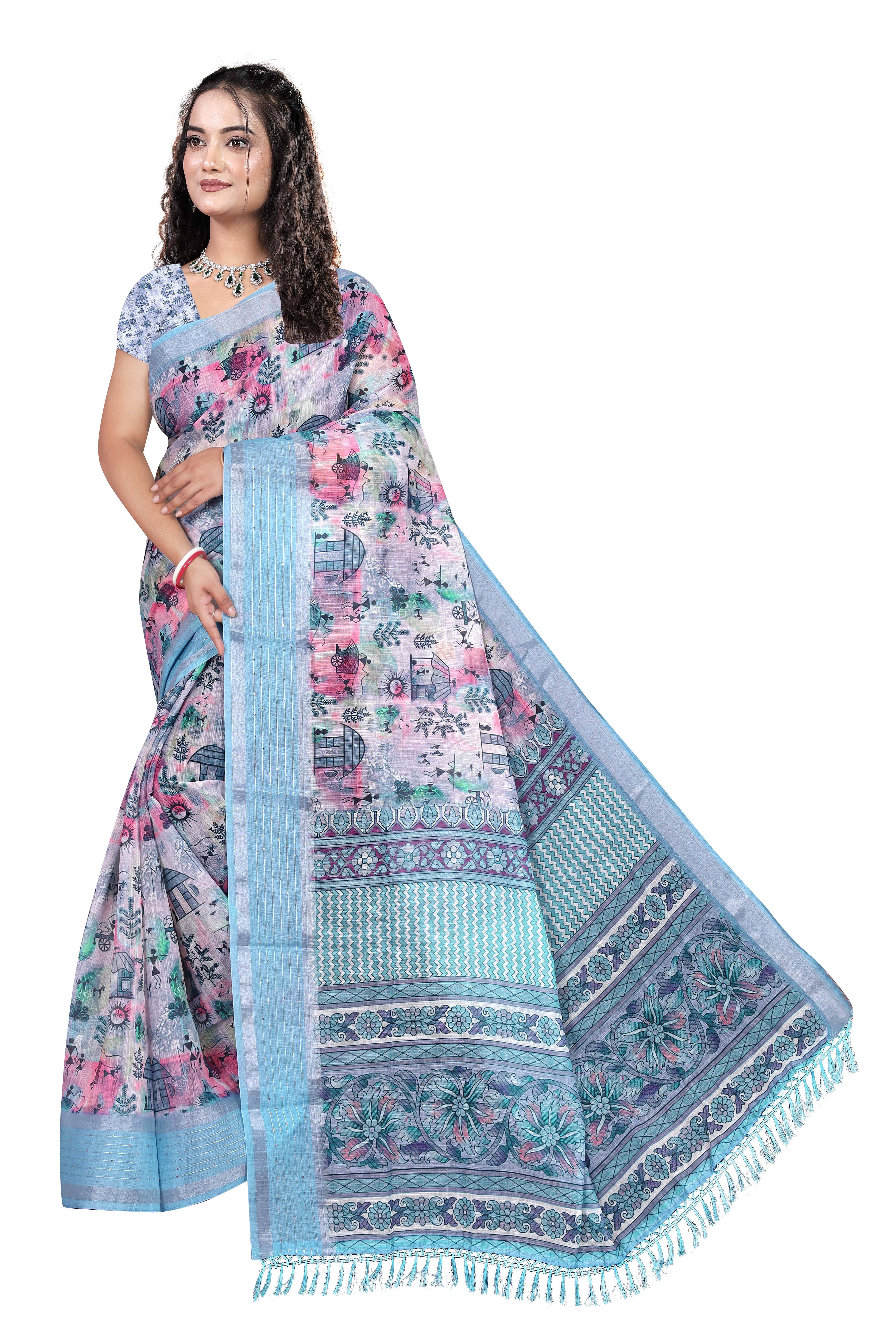 Gullak Linen Printed Kota Doria Saree With Unstitched Blouse Piece ( Multicolor ) Gullak Linen Printed Kota Doria Saree With Unstitched Blouse Piece ( Multicolor )