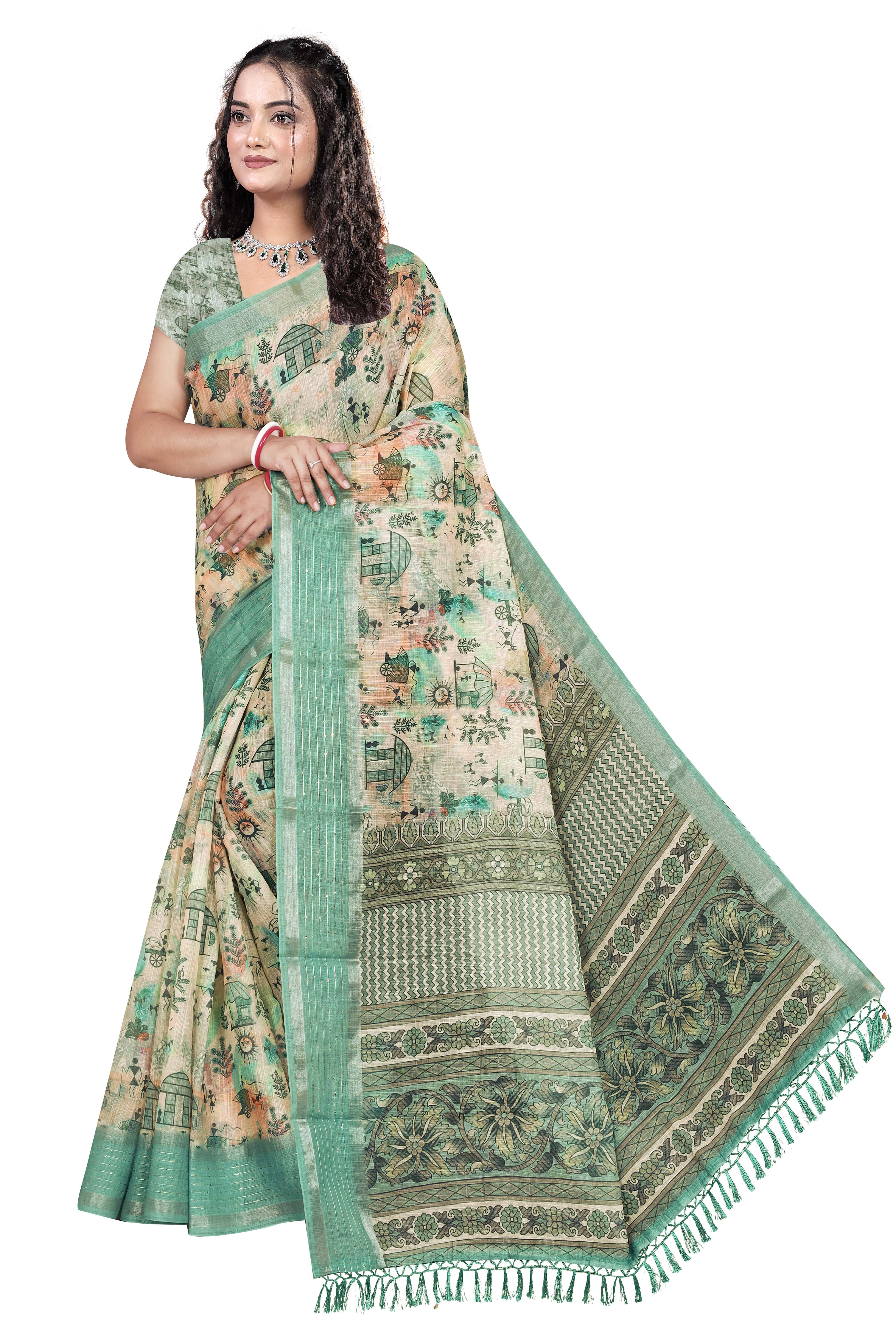 Gullak Linen Printed Kota Doria Saree With Unstitched Blouse Piece ( Multicolor ) Gullak Linen Printed Kota Doria Saree With Unstitched Blouse Piece ( Multicolor )