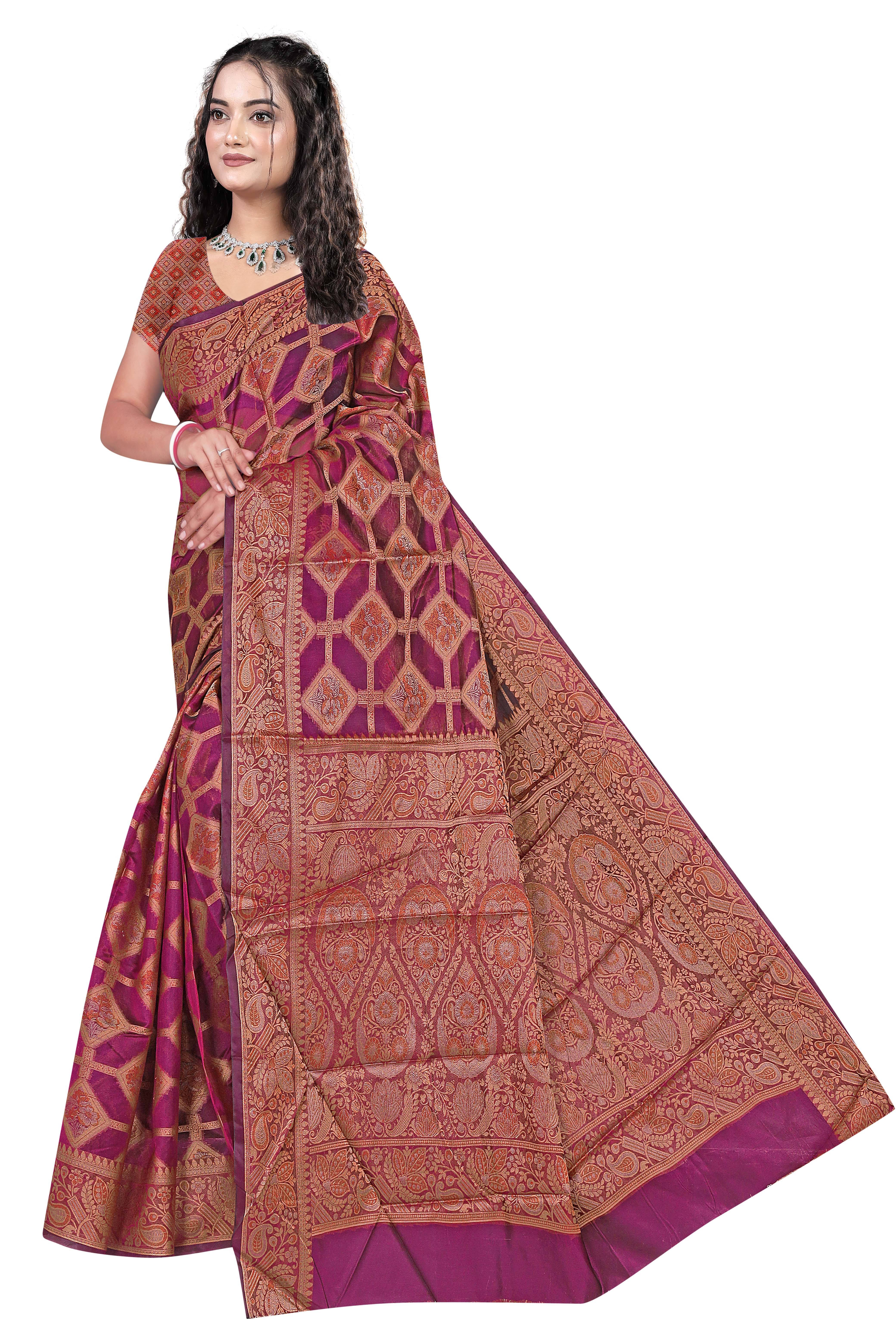 Gullak Organza Woven Banarasi saree With Unstitched Blouse Piece ( Purple ) Gullak Organza Woven Banarasi saree With Unstitched Blouse Piece ( Purple )