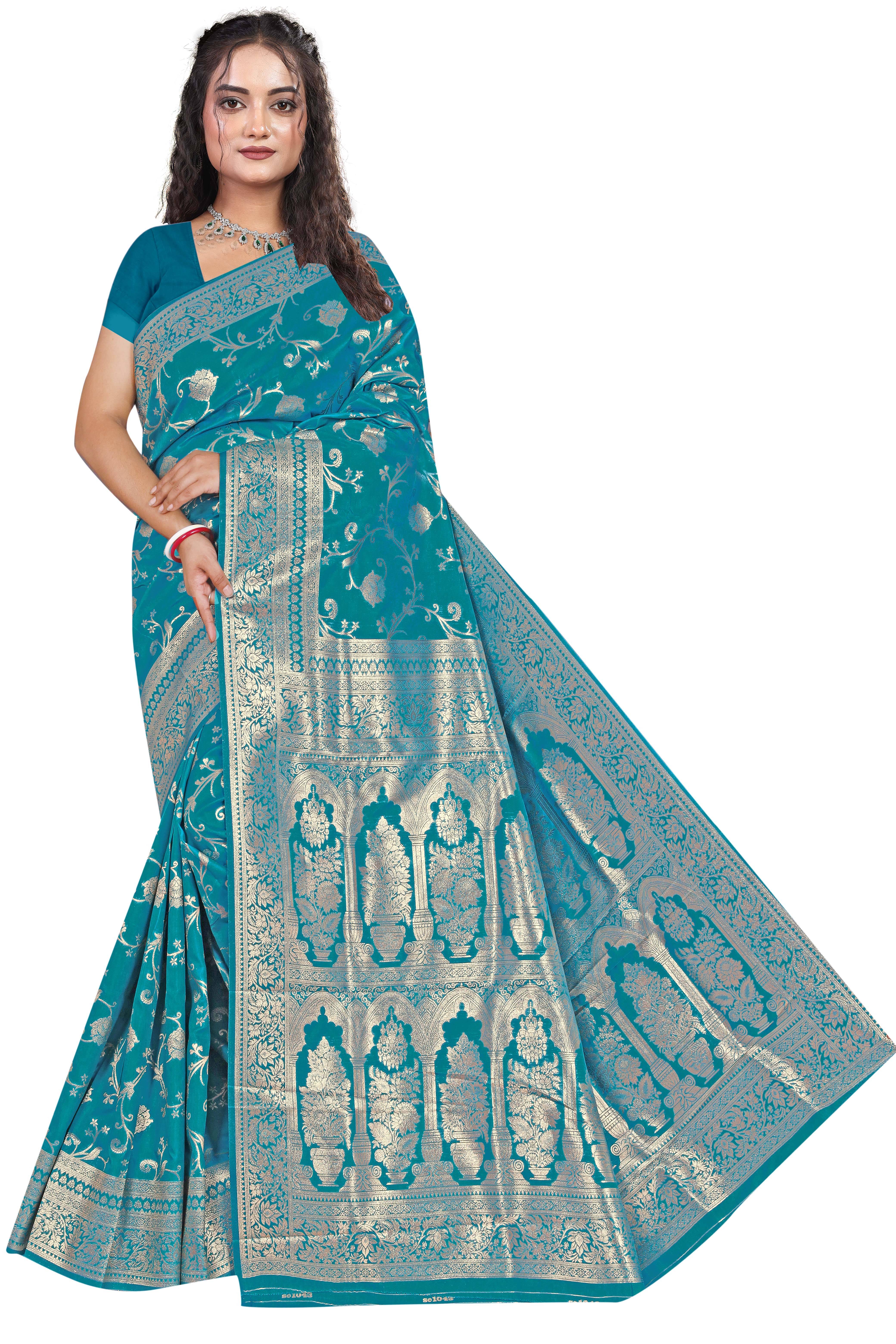     			Gullak Polyester Woven Banarasi saree With Unstitched Blouse Piece ( Aqua Blue )