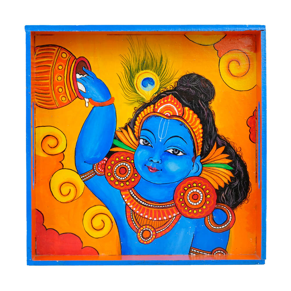 Jai Shri Krishna - Exclusively hand-painted Krishna in Kerala Mural art form on Tea Tray by Penkraft Jai Shri Krishna - Exclusively hand-painted Krishna in Kerala Mural art form on Tea Tray by Penkraft