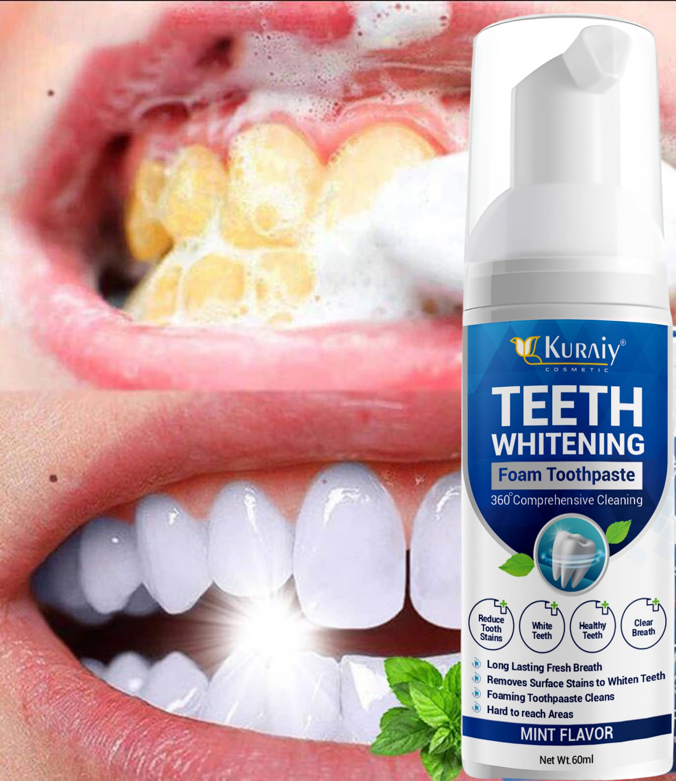 KURAIY Teeth Whitening Oral Hygiene Breath Toothpaste Foam 60ML