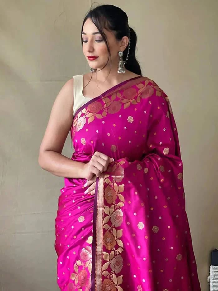     			Kevami Fashion Art Silk Printed Banarasi saree With Unstitched Blouse Piece ( Pink )