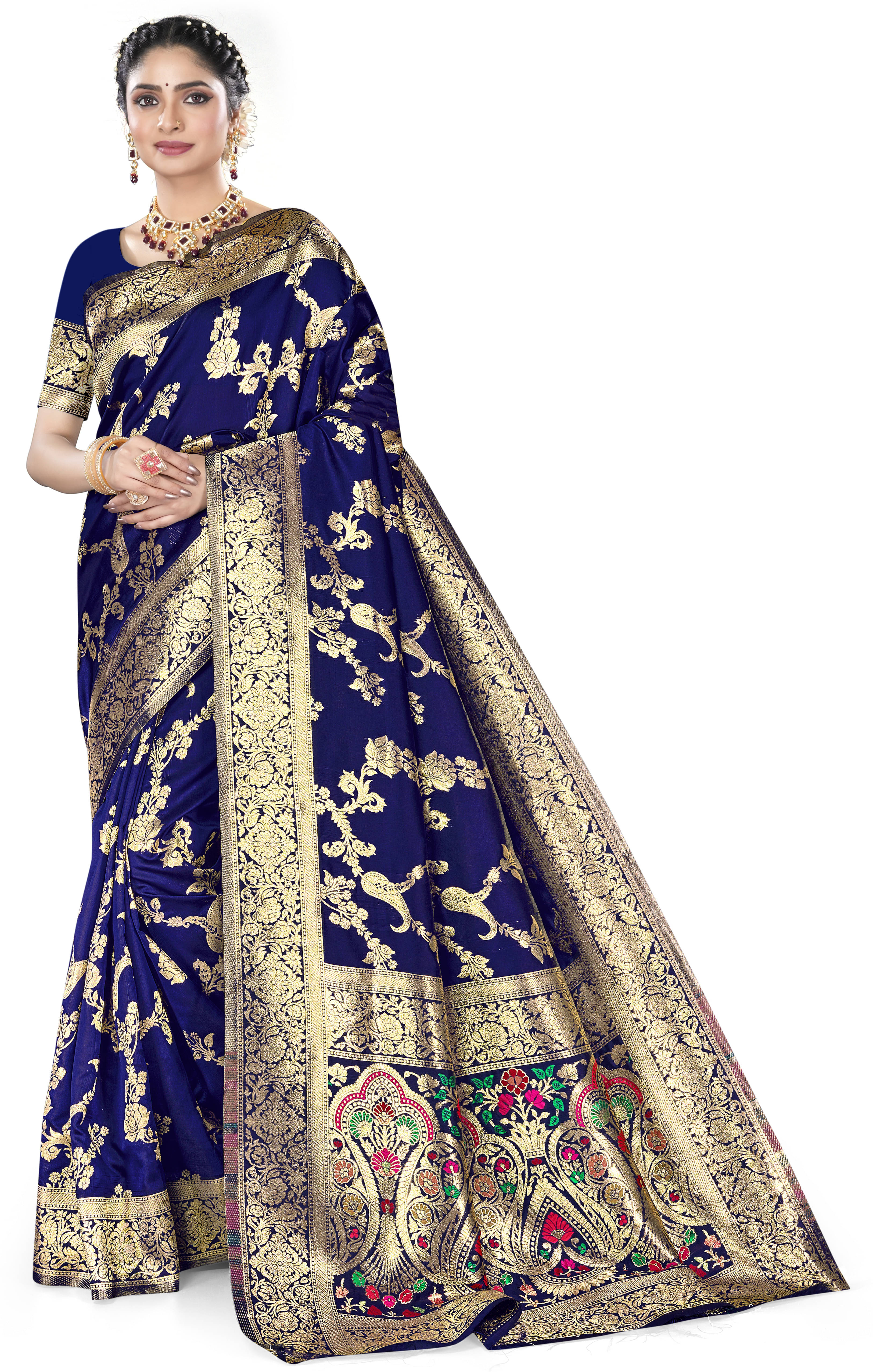 Kevami Fashion Art Silk Printed Banarasi saree With Unstitched Blouse Piece ( Blue ) Kevami Fashion Art Silk Printed Banarasi saree With Unstitched Blouse Piece ( Blue )
