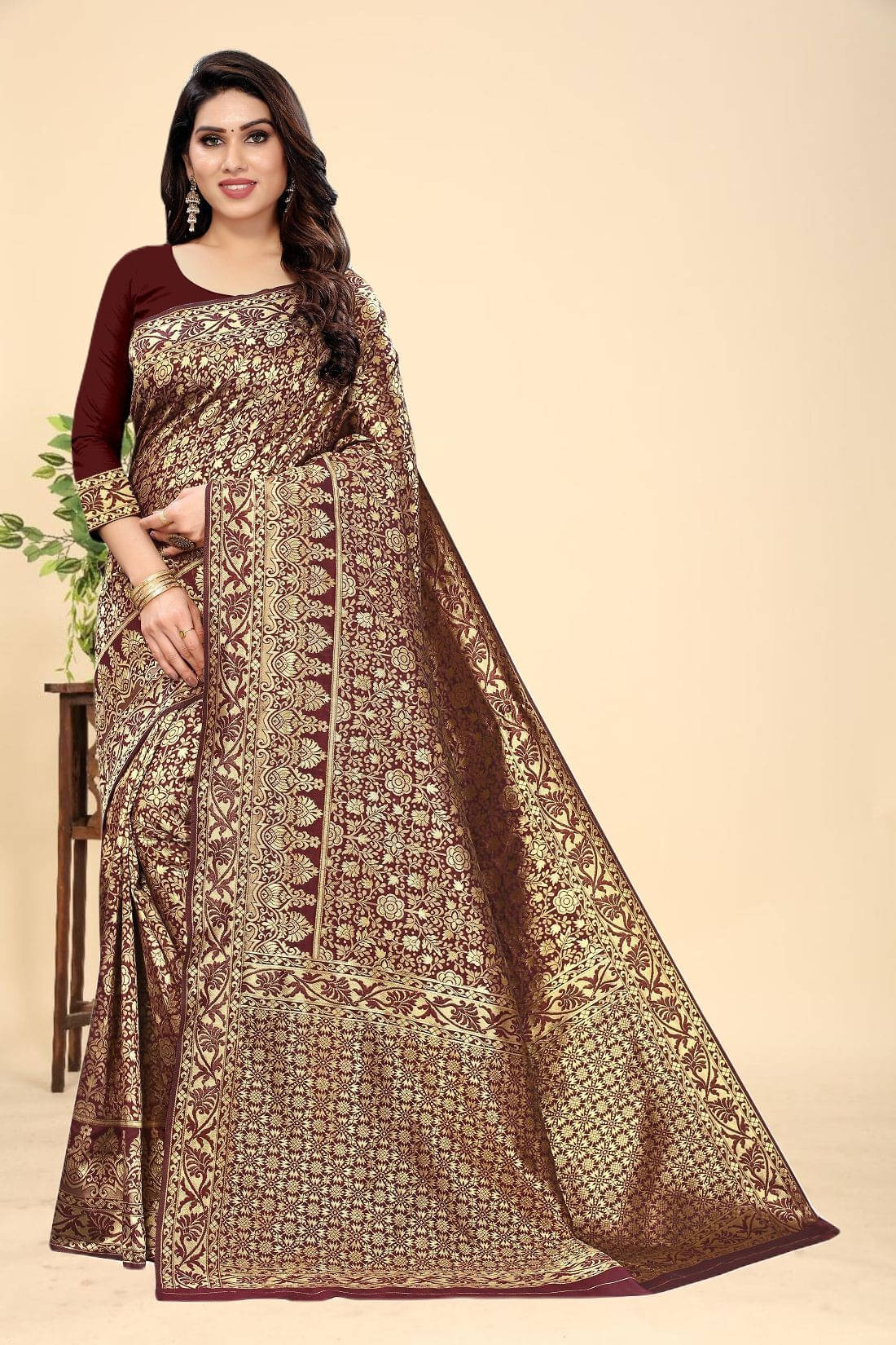     			Kevami Fashion Jacquard Self Design Kanjeevaram Sarees With Unstitched Blouse Piece ( Maroon )