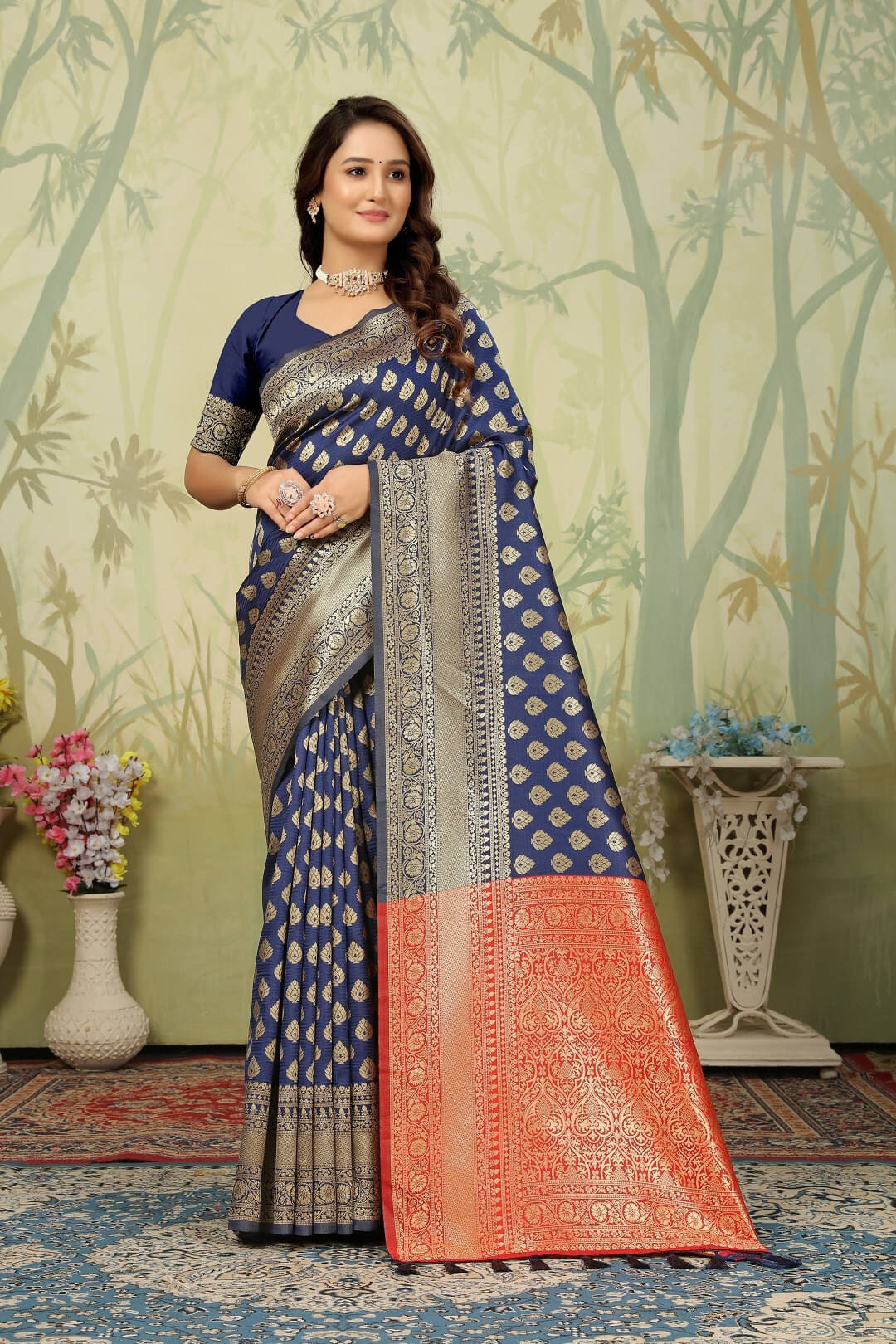     			Kevami Fashion Jacquard Woven Banarasi saree With Unstitched Blouse Piece ( Blue )