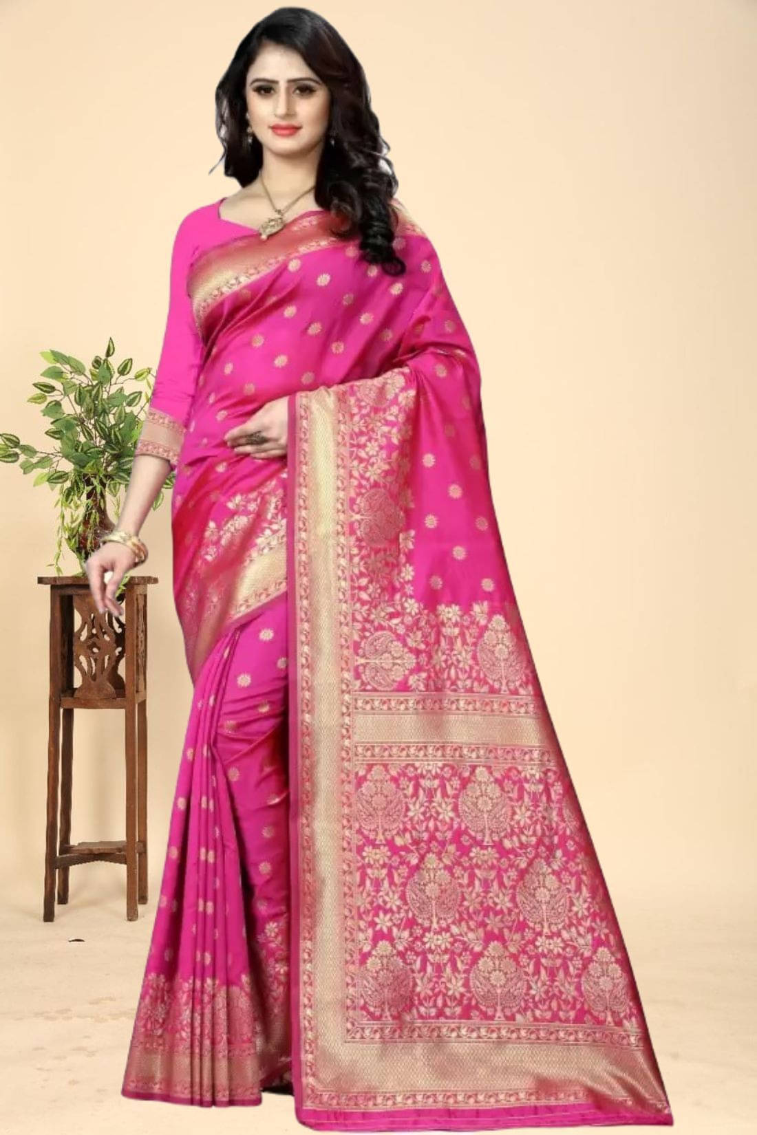     			Kevami Fashion Silk Blend Self Design Kanjeevaram Sarees With Unstitched Blouse Piece ( Pink )