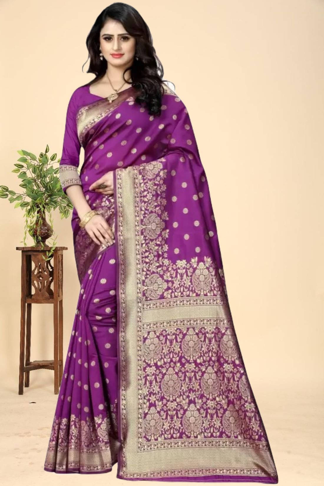 Kevami Fashion Silk Blend Self Design Kanjeevaram Sarees With Unstitched Blouse Piece ( Purple ) Kevami Fashion Silk Blend Self Design Kanjeevaram Sarees With Unstitched Blouse Piece ( Purple )