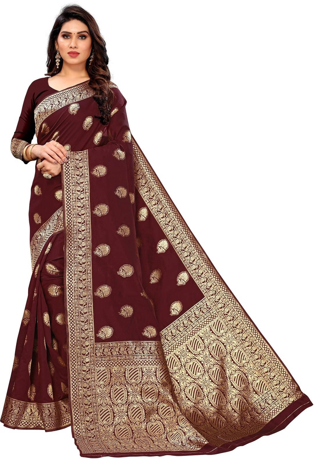     			Kevami Fashion Silk Blend Woven Kanjeevaram Sarees With Unstitched Blouse Piece ( Maroon )
