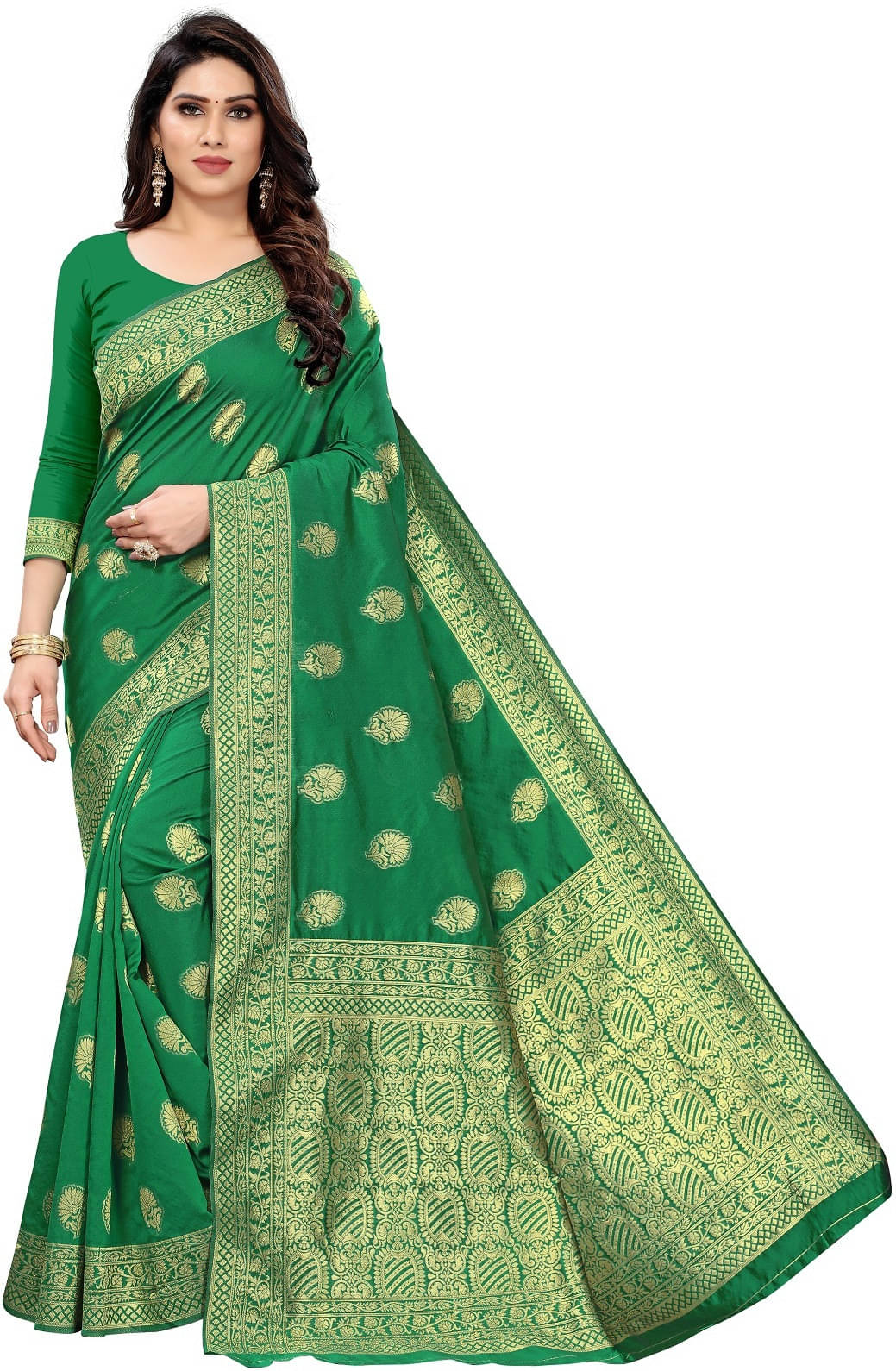     			Kevami Fashion Silk Blend Woven Kanjeevaram Sarees With Unstitched Blouse Piece ( Green )