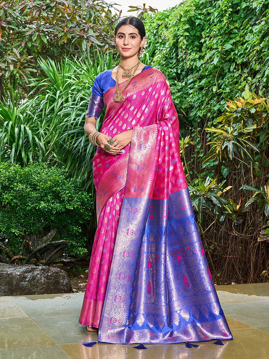     			Kevami Fashion Silk Blend Woven Kanjeevaram Sarees With Unstitched Blouse Piece ( Pink )