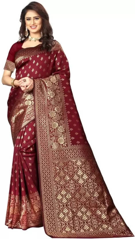     			Kevami Fashion Silk Printed Banarasi saree With Unstitched Blouse Piece ( Maroon )