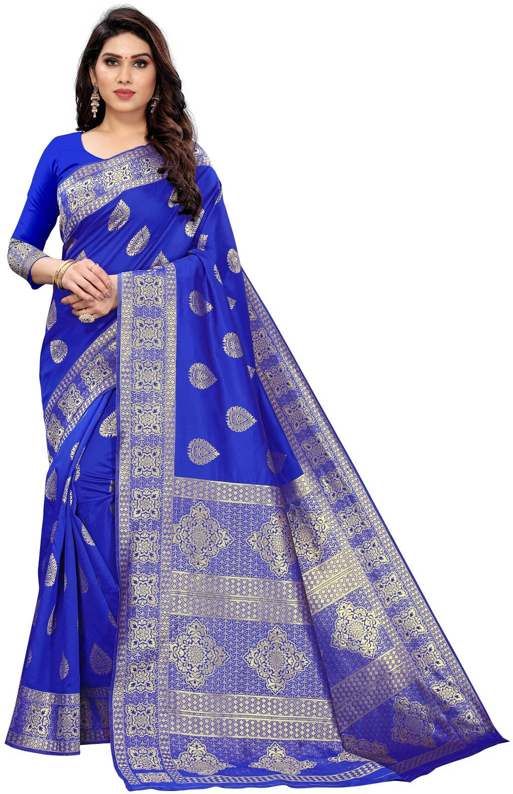     			Kevami Fashion Silk Printed Banarasi saree With Unstitched Blouse Piece ( Blue )