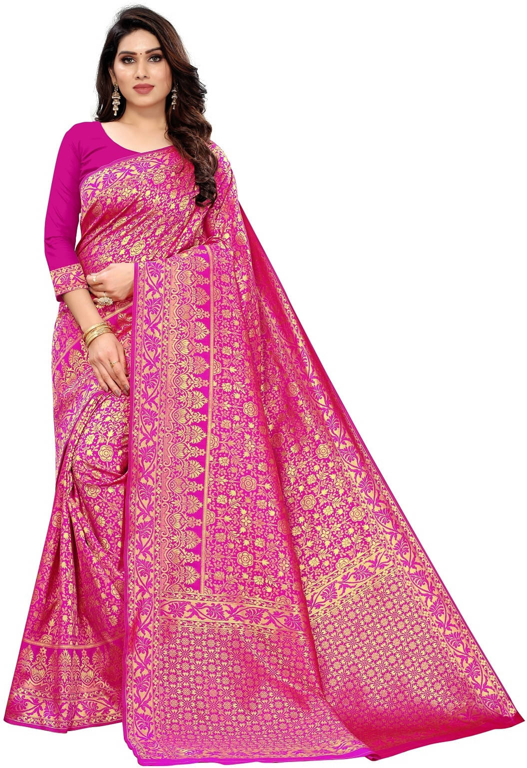     			Kevami Fashion Silk Printed Banarasi saree With Unstitched Blouse Piece ( Pink )