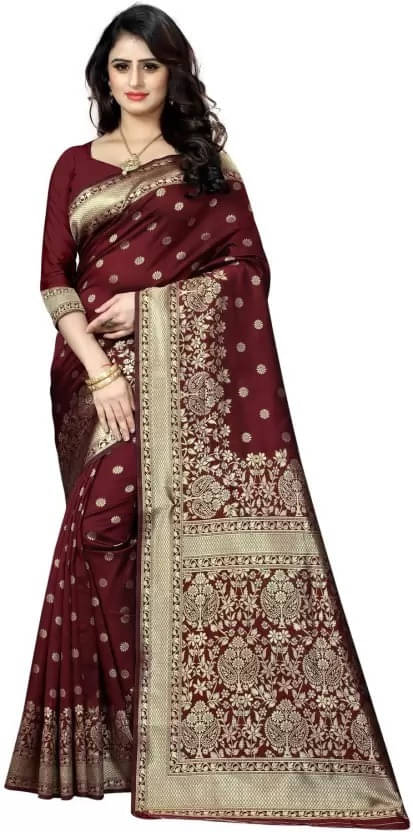 Kevami Fashion Silk Self Design Banarasi saree With Unstitched Blouse Piece ( Maroon )     			Kevami Fashion Silk Self Design Banarasi saree With Unstitched Blouse Piece ( Maroon )