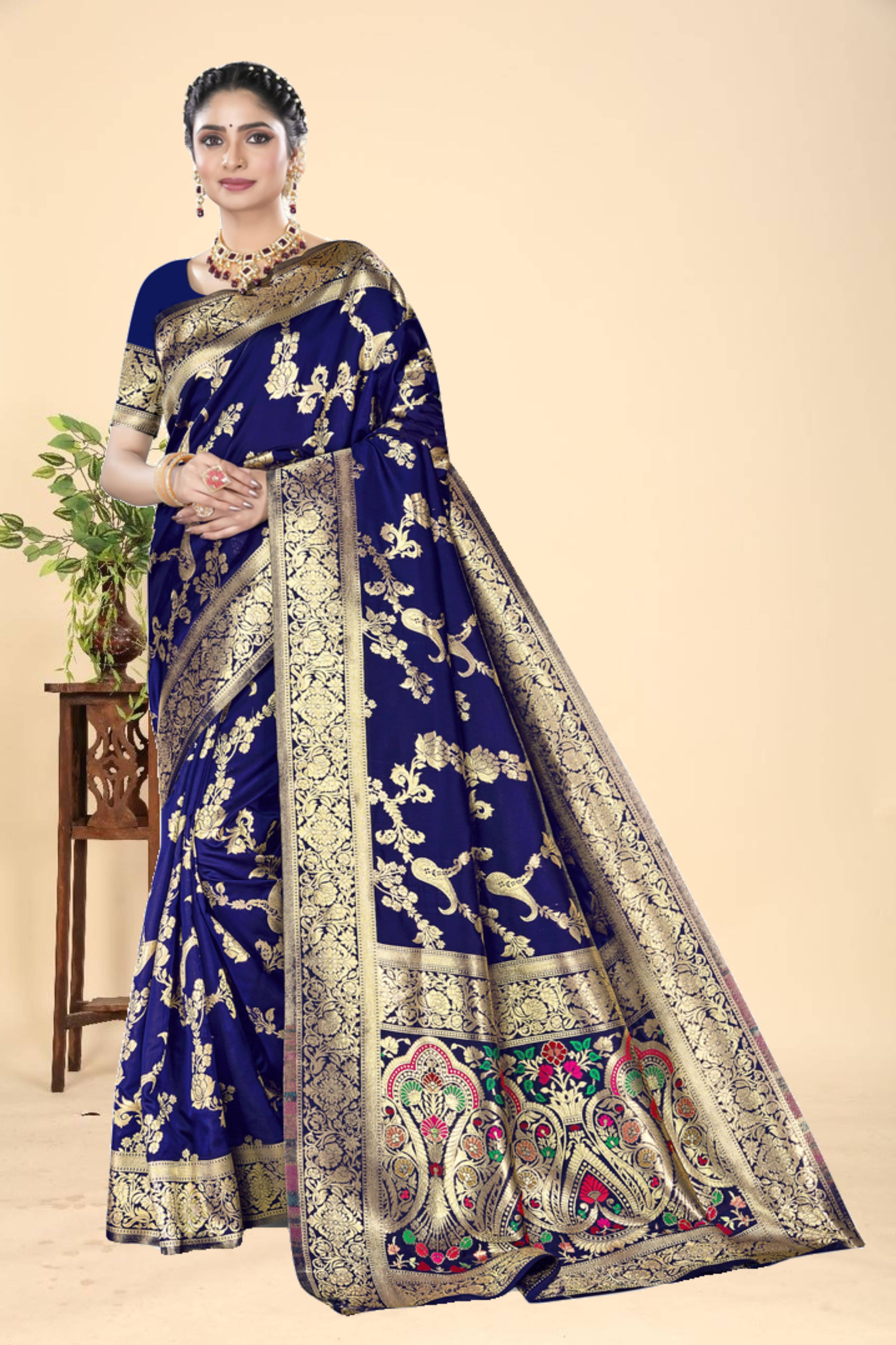 Kevami Fashion Silk Woven Banarasi saree With Unstitched Blouse Piece ( Blue ) Kevami Fashion Silk Woven Banarasi saree With Unstitched Blouse Piece ( Blue )