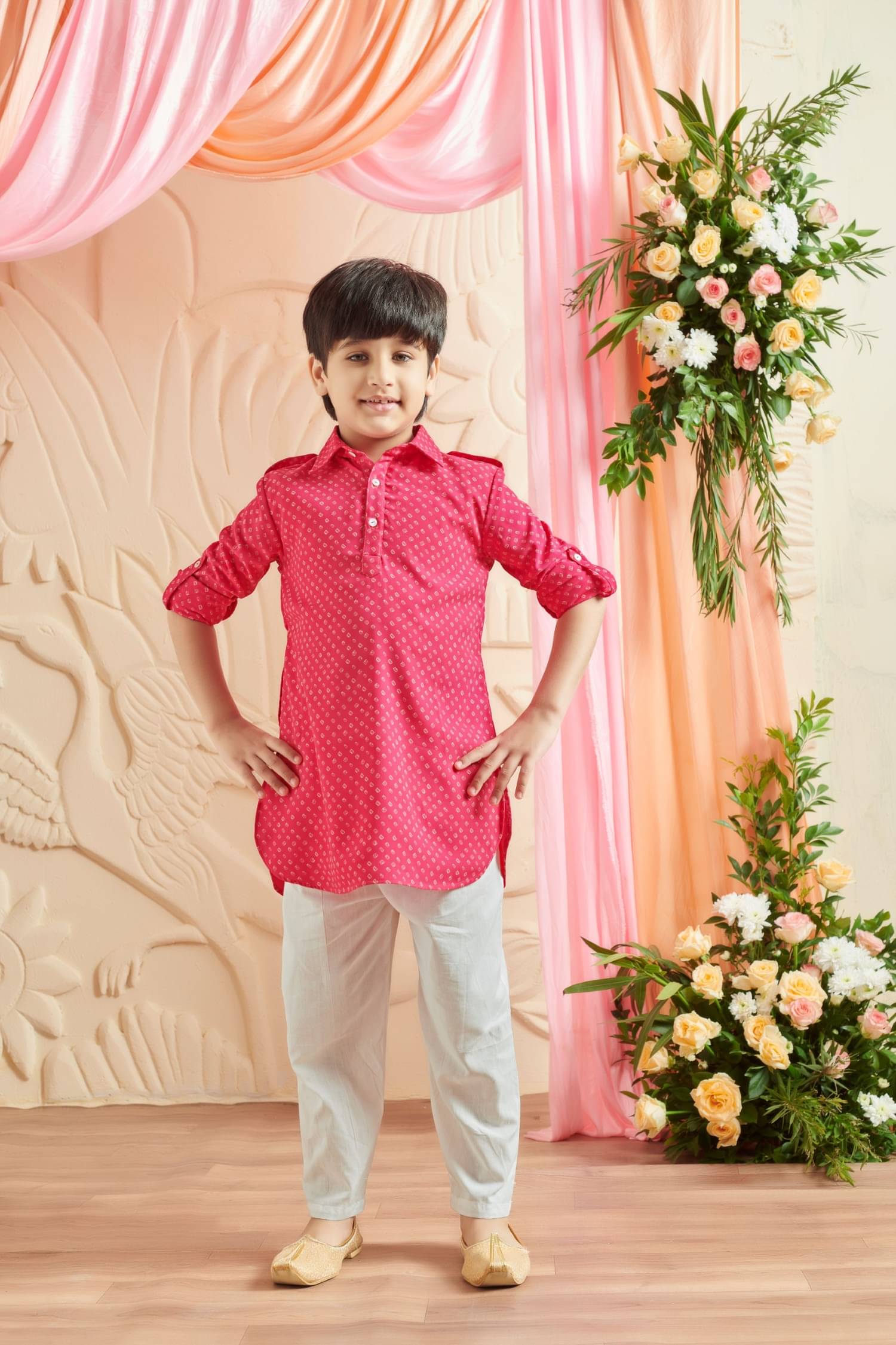 MASTARANG Boys Polyester Polka Dots Pattern Kurta ( Pink , Pack of 1 ) MASTARANG Boys Polyester Polka Dots Pattern Kurta ( Pink , Pack of 1 )