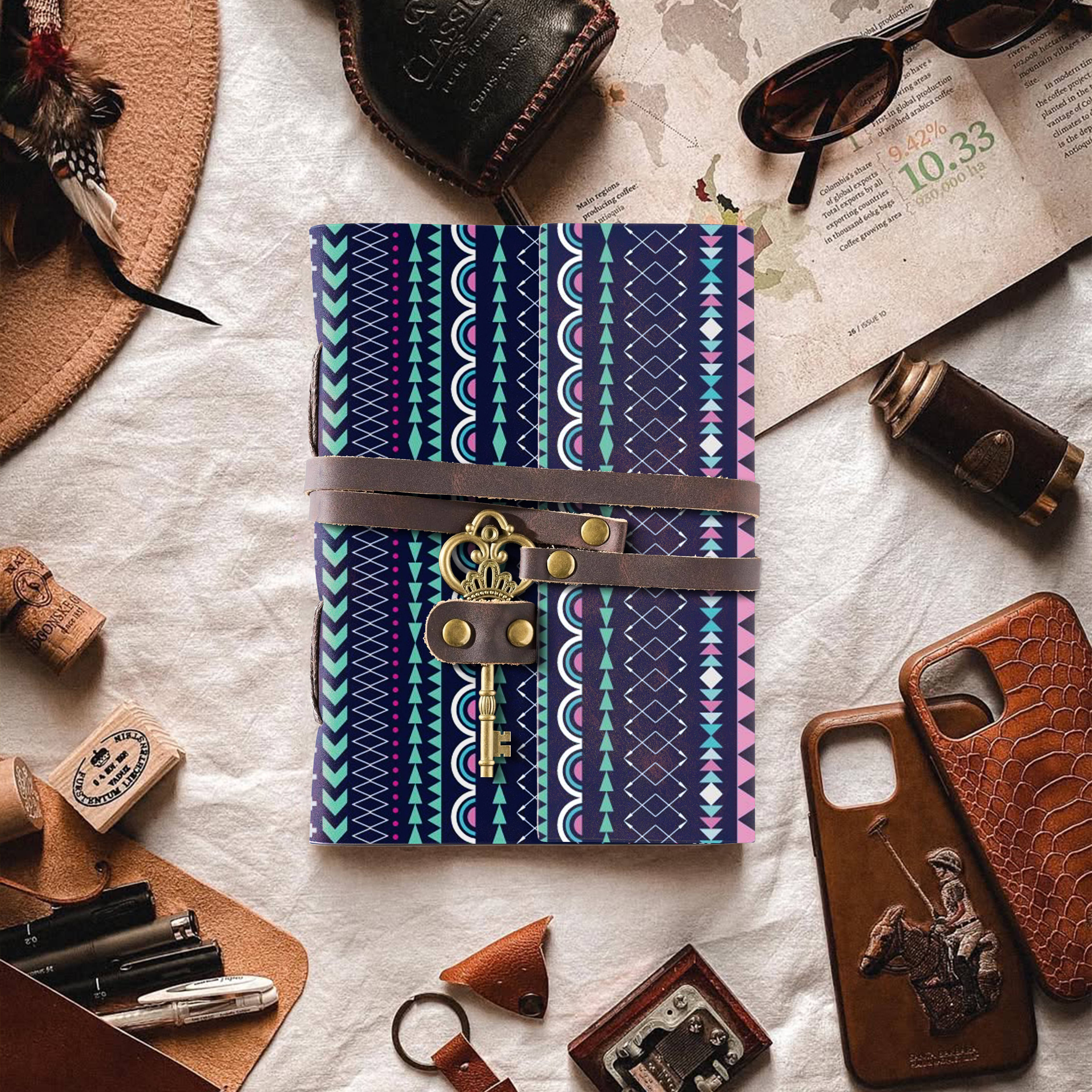MR KRAFT Desigenr Leather journal with key lock pattern 5*7 inches 200 pages a001 A5 Journal Unruled 200 Pages (multicolor 01) MR KRAFT Desigenr Leather journal with key lock pattern 5*7 inches 200 pages a001 A5 Journal Unruled 200 Pages (multicolor 01)