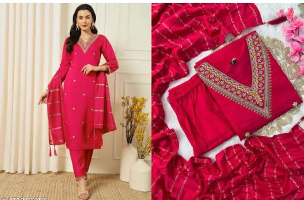 Mahek Fashion Women Chanderi Embroidered A-line Kurti With Pants ( Pink )