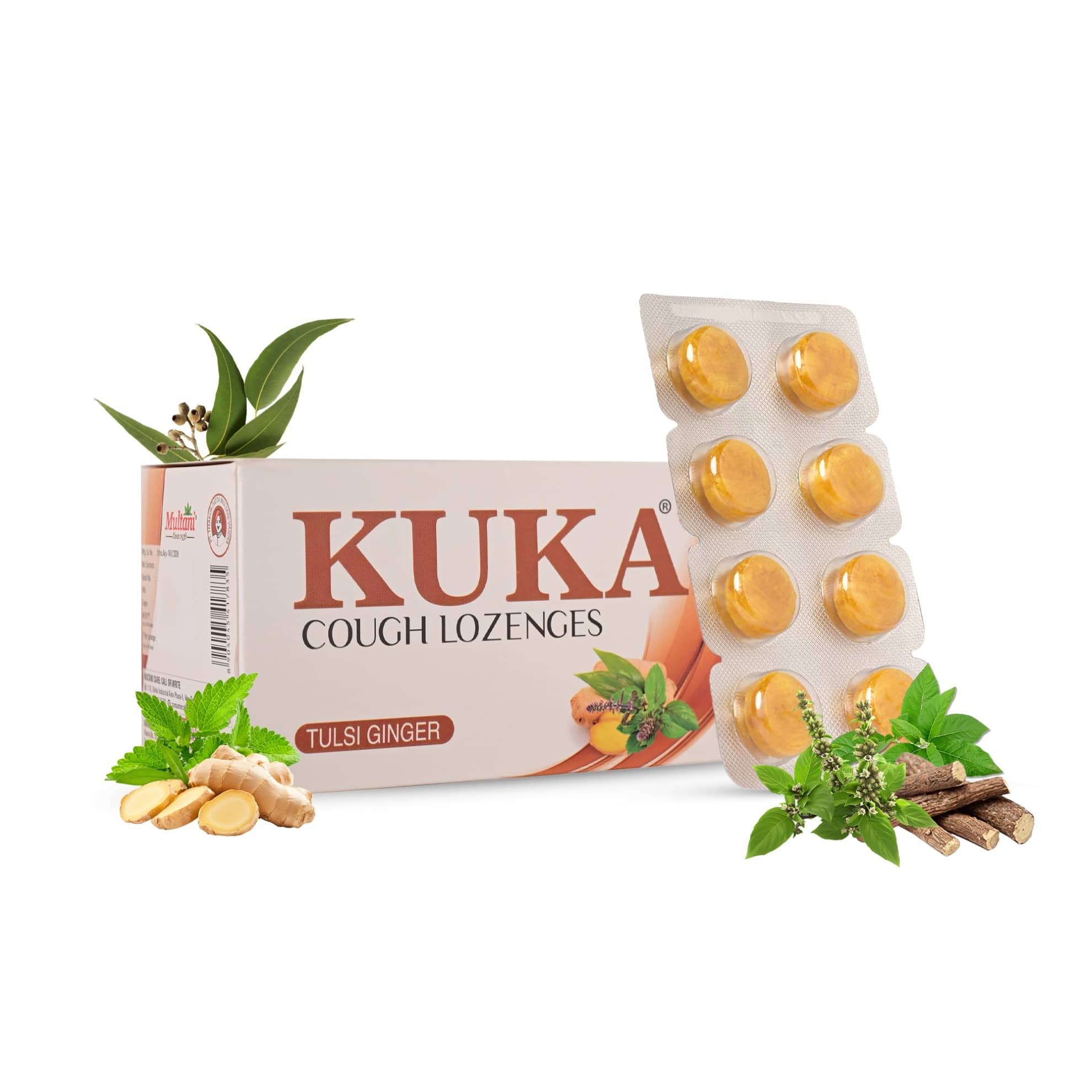 Multani Kuka Tulsi Ginger Cough Lozenges 48 Strips For Sore Throat & Irritating Cough - 6X8 Strips (Pack of 2)