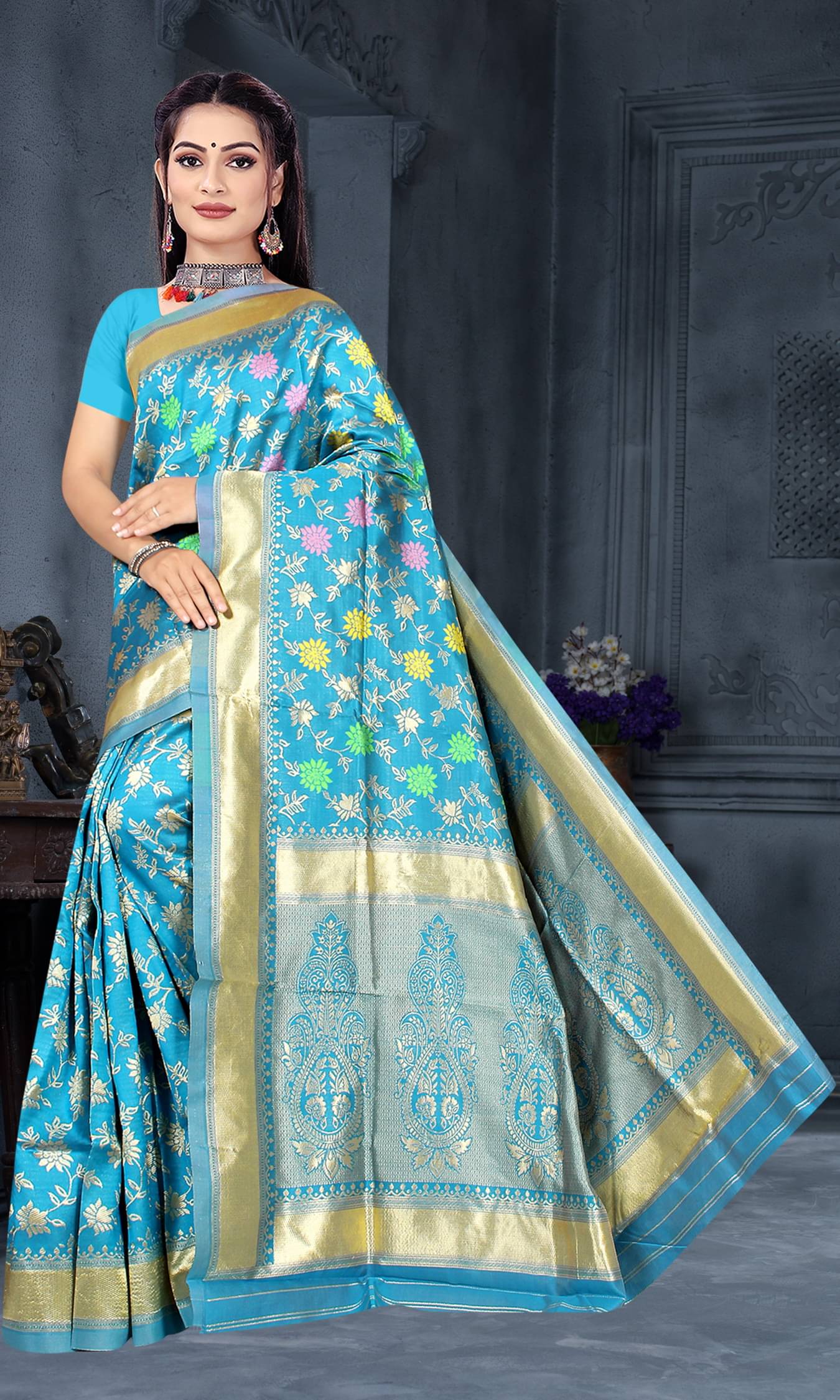 NENCY FASHION Silk Woven Banarasi saree With Unstitched Blouse Piece ( Light Blue ) NENCY FASHION Silk Woven Banarasi saree With Unstitched Blouse Piece ( Light Blue )
