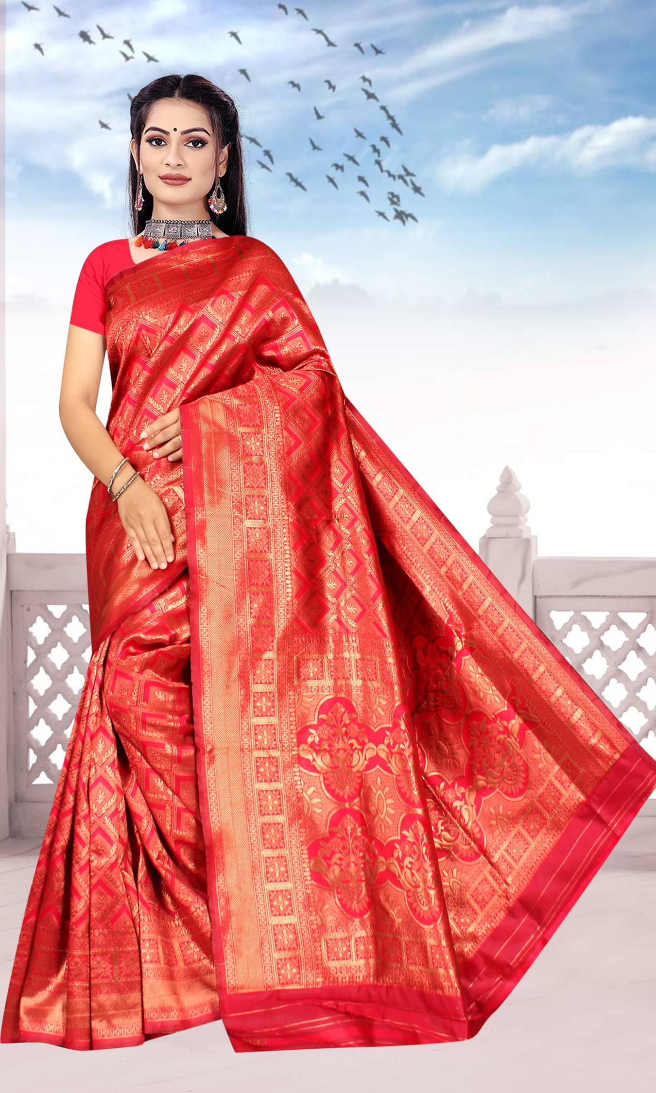     			NENCY FASHION Silk Woven Kanjeevaram Sarees With Unstitched Blouse Piece ( Rani )