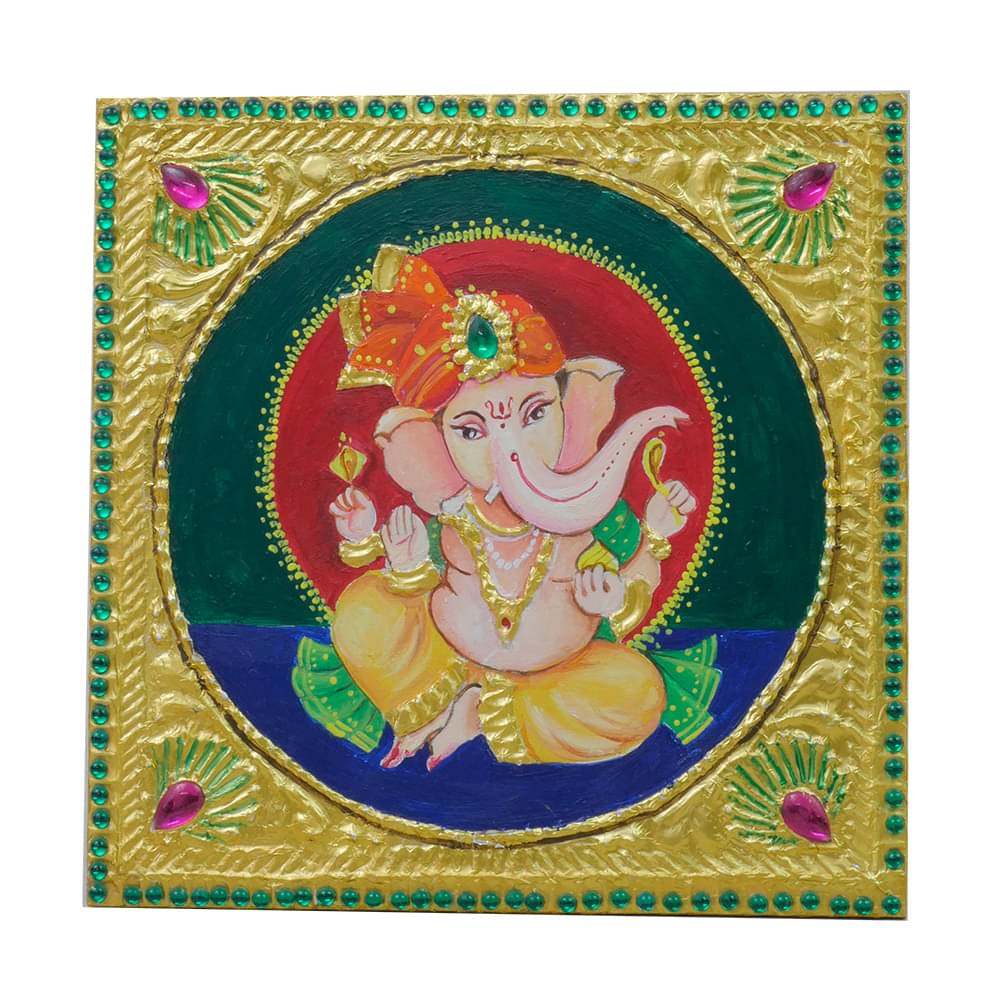 Om Ganeshay Namah - Exclusively hand-painted Ganesha in traditonal Tanjore art on square MDF by Penkraft Om Ganeshay Namah - Exclusively hand-painted Ganesha in traditonal Tanjore art on square MDF by Penkraft