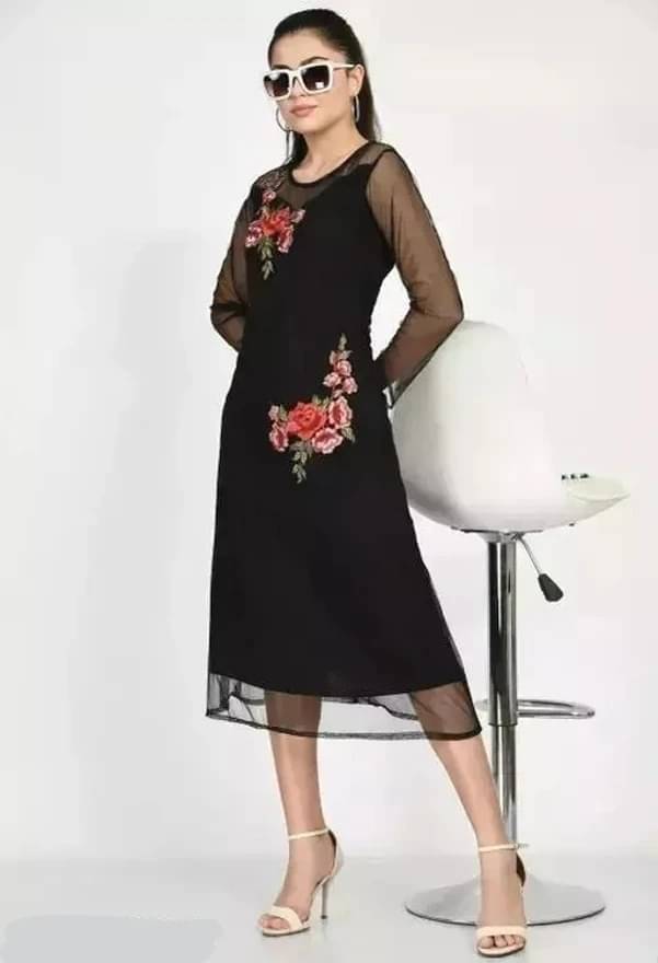 PASHUPATI NATH TRADERS Women Net Printed A-line Dress ( Black ) PASHUPATI NATH TRADERS Women Net Printed A-line Dress ( Black )