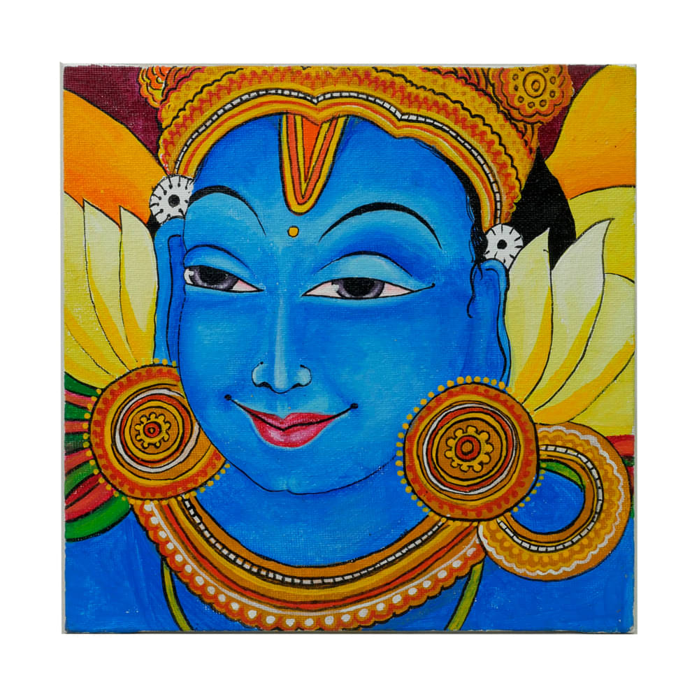 Penkraft Jai Shri Krishna Exclusively hand-painted Krishna Face in traditional Kerala Mural Art form on Canvas Penkraft Jai Shri Krishna Exclusively hand-painted Krishna Face in traditional Kerala Mural Art form on Canvas