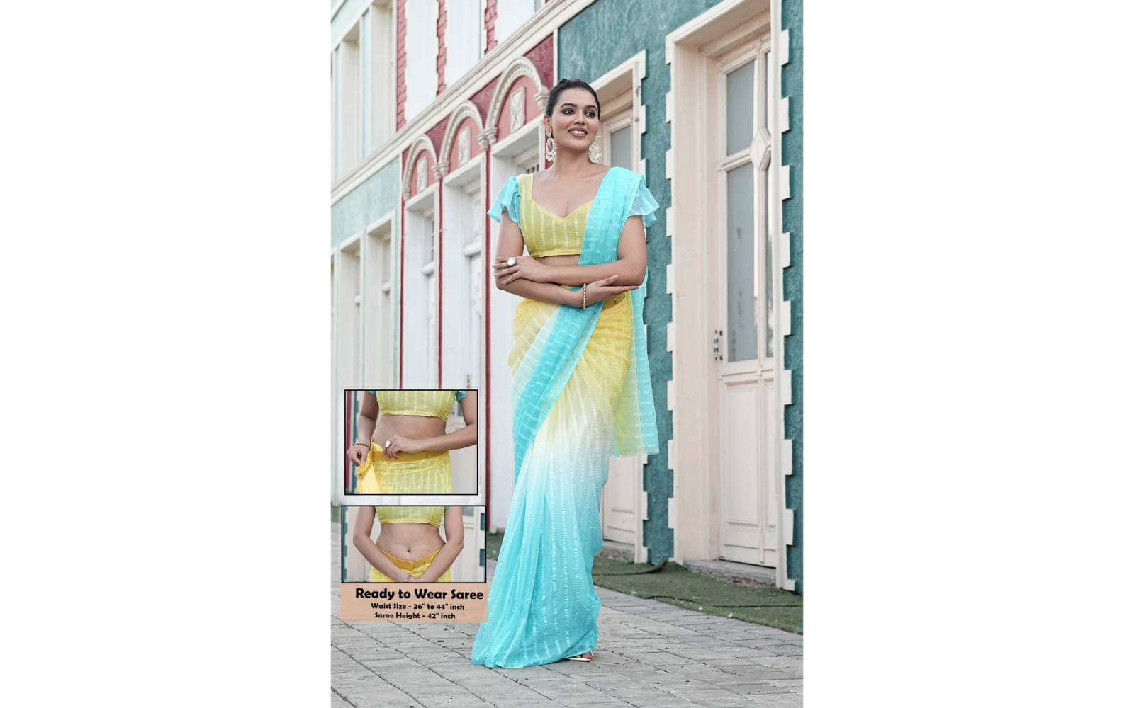 SHRIMORI Silk Blend Striped Maheshwari Saree With Unstitched Blouse Piece ( Yellow ) SHRIMORI Silk Blend Striped Maheshwari Saree With Unstitched Blouse Piece ( Yellow )