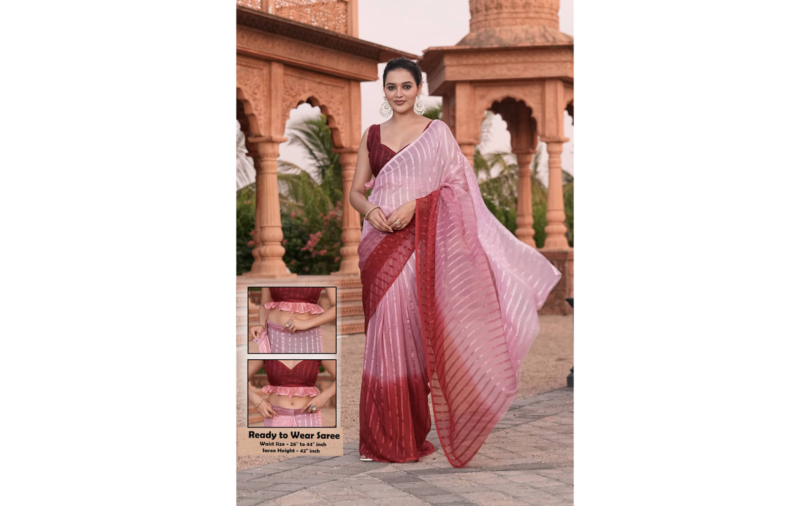     			Sanjana Silks Silk Blend Striped Maheshwari Saree With Unstitched Blouse Piece ( Maroon )