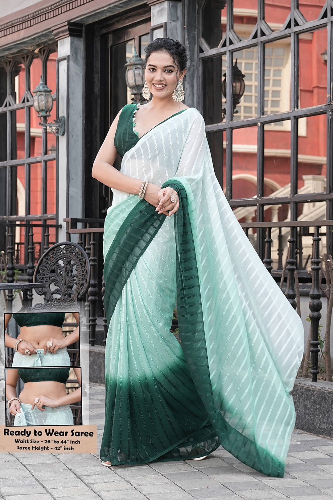     			Sitanjali Silk Blend Striped Maheshwari Saree With Unstitched Blouse Piece ( Green )