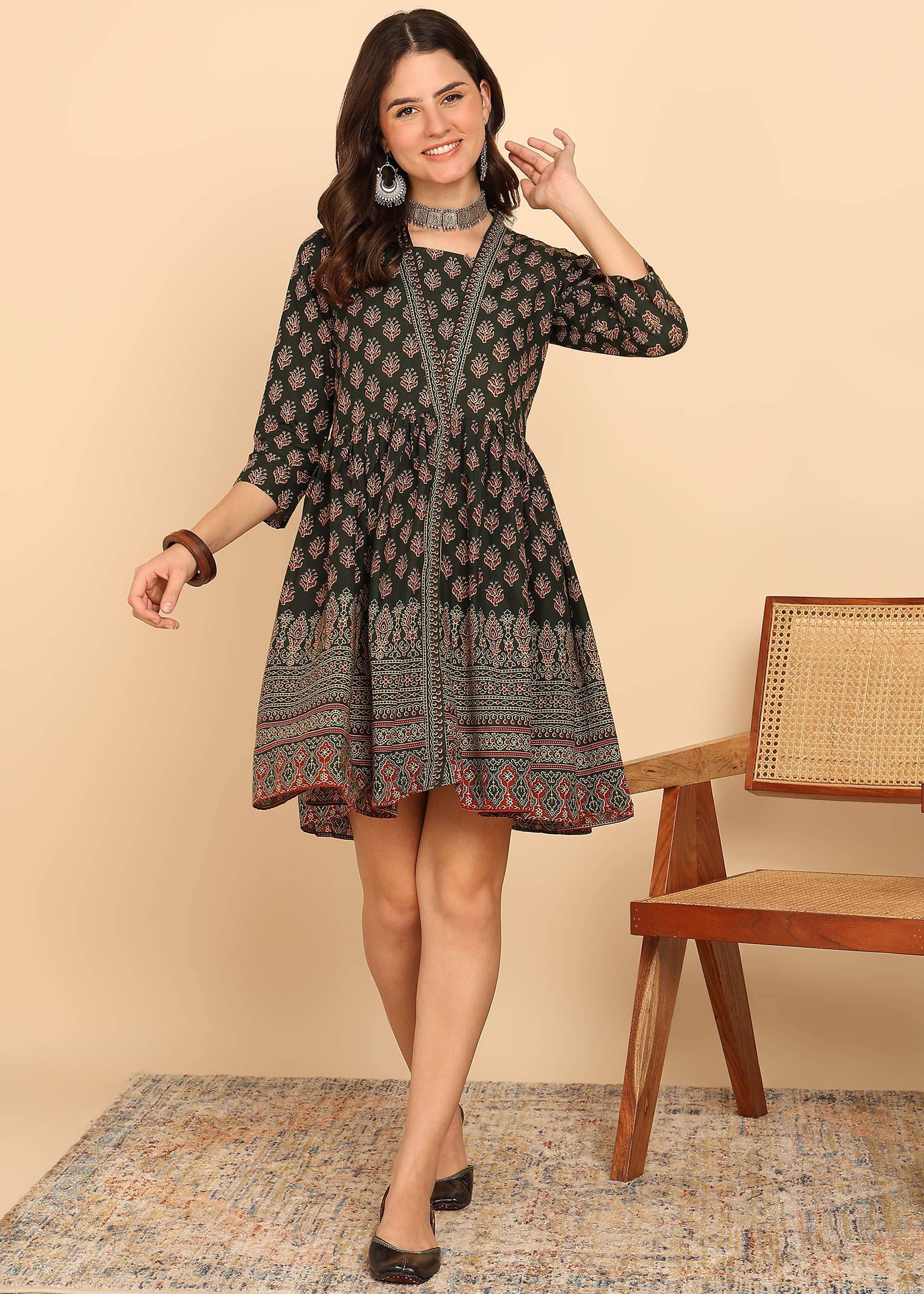 Vbuyz Women Cotton Printed Fit & Flare Dress ( Green ) Vbuyz Women Cotton Printed Fit & Flare Dress ( Green )