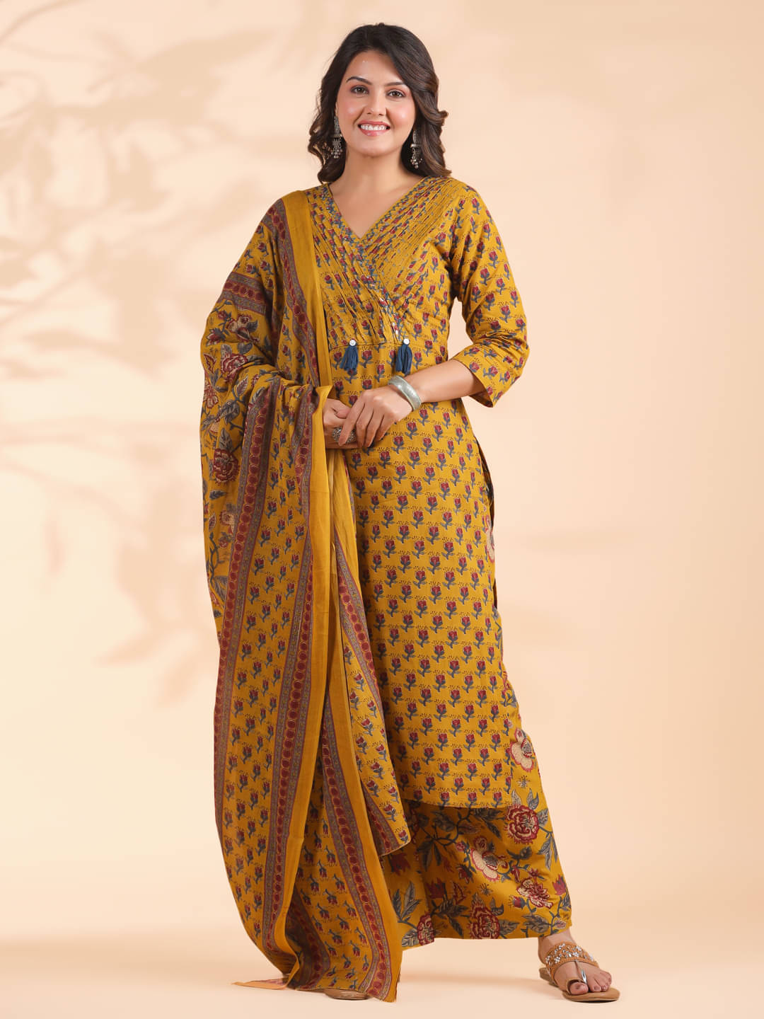     			Vbuyz Women Cotton Printed Straight Kurti With Palazzo ( Mustard )