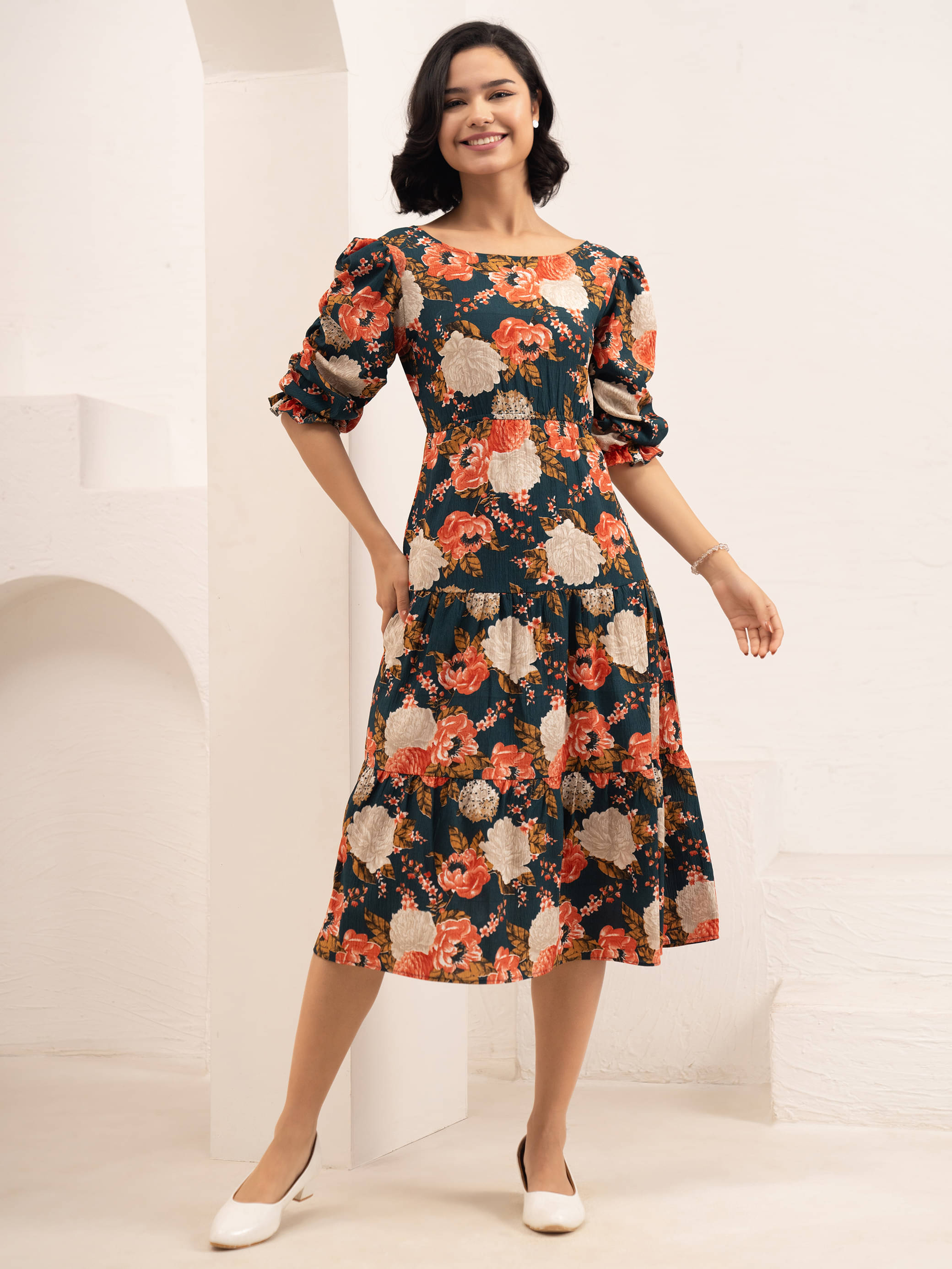 aask Women Polyester Printed Fit & Flare Dress ( Orange ) aask Women Polyester Printed Fit & Flare Dress ( Orange )