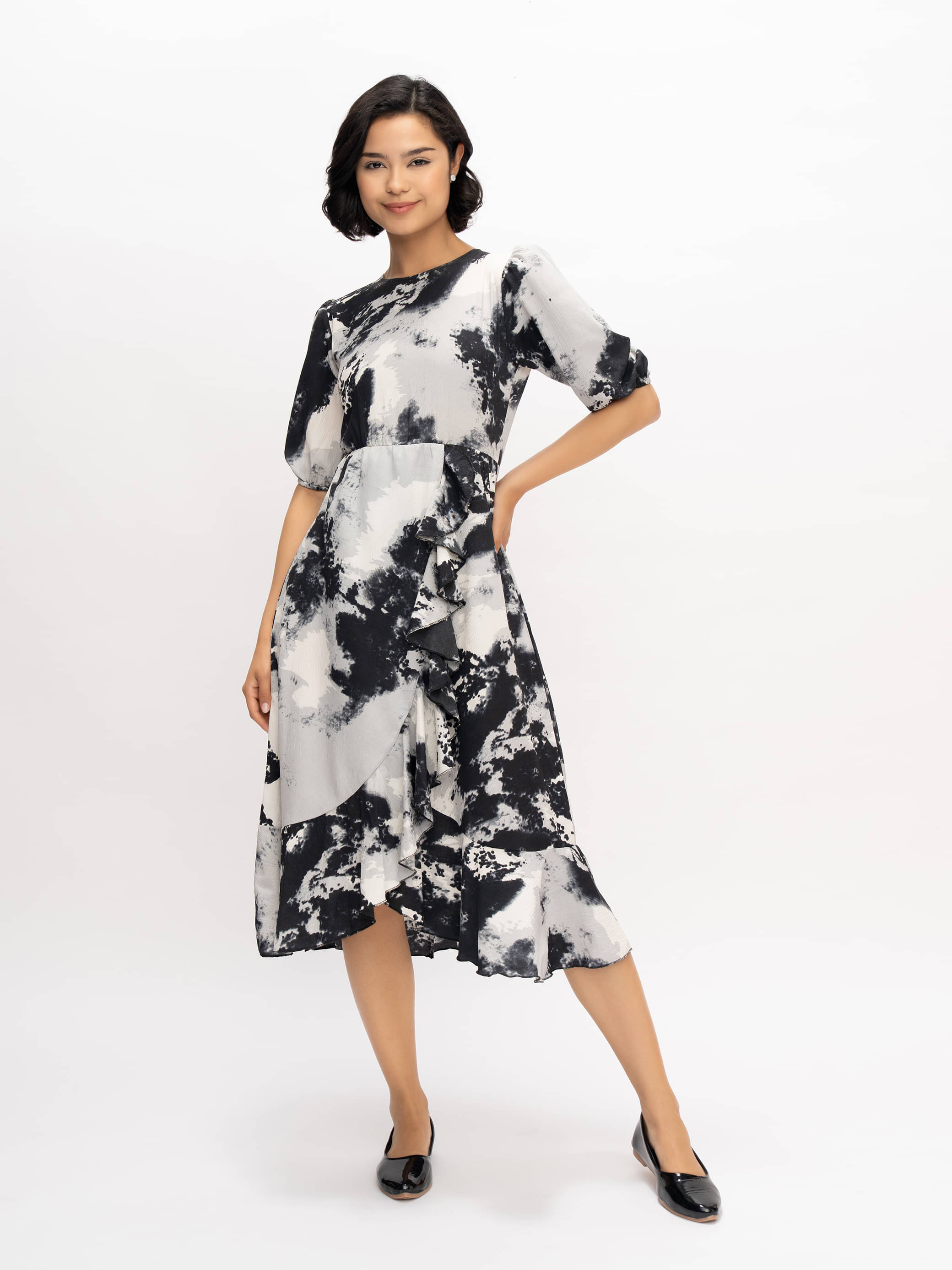 aask Women Polyester Printed Fit & Flare Dress ( Black ) aask Women Polyester Printed Fit & Flare Dress ( Black )