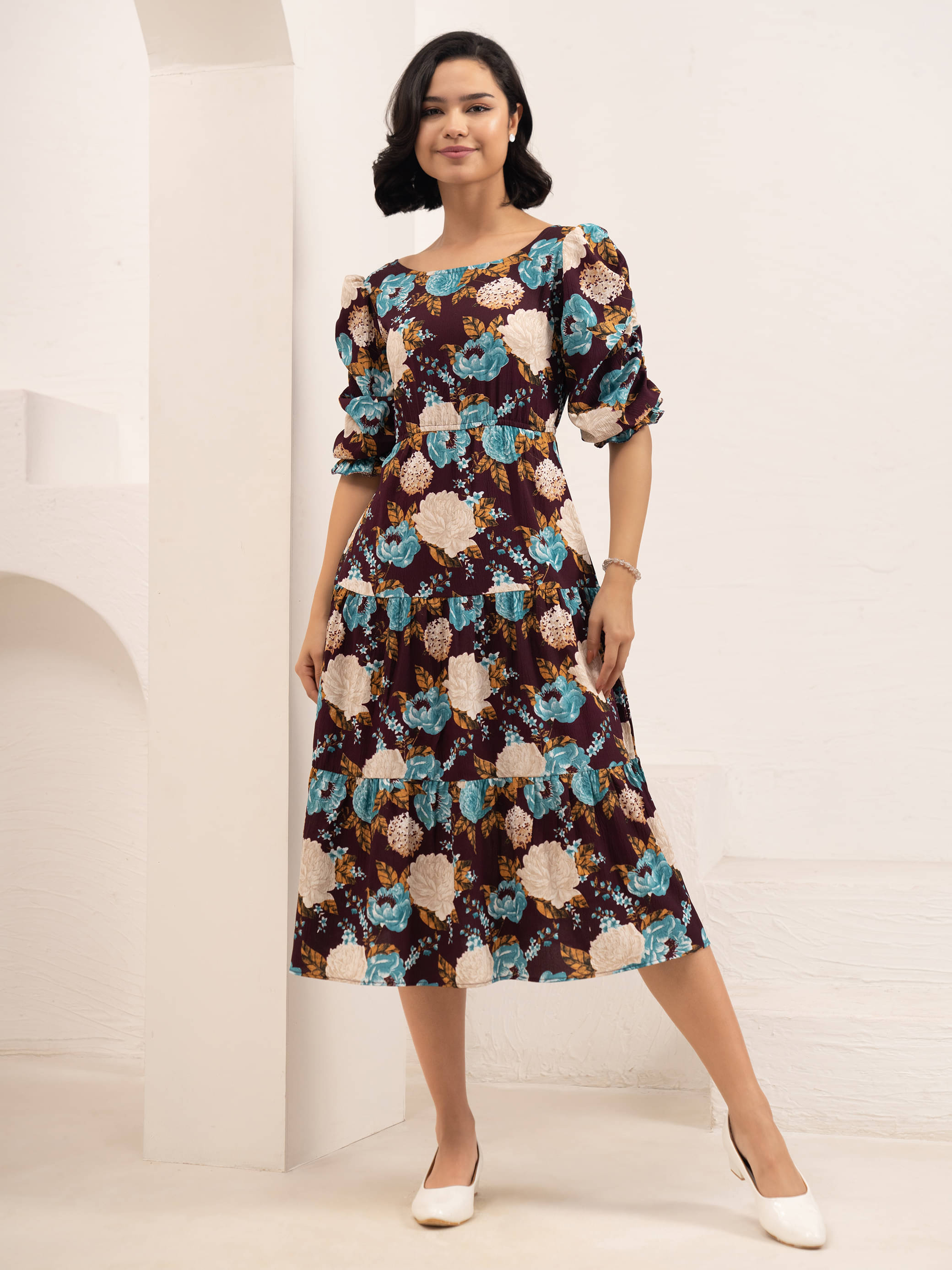     			aask Women Polyester Printed Fit & Flare Dress ( Blue )