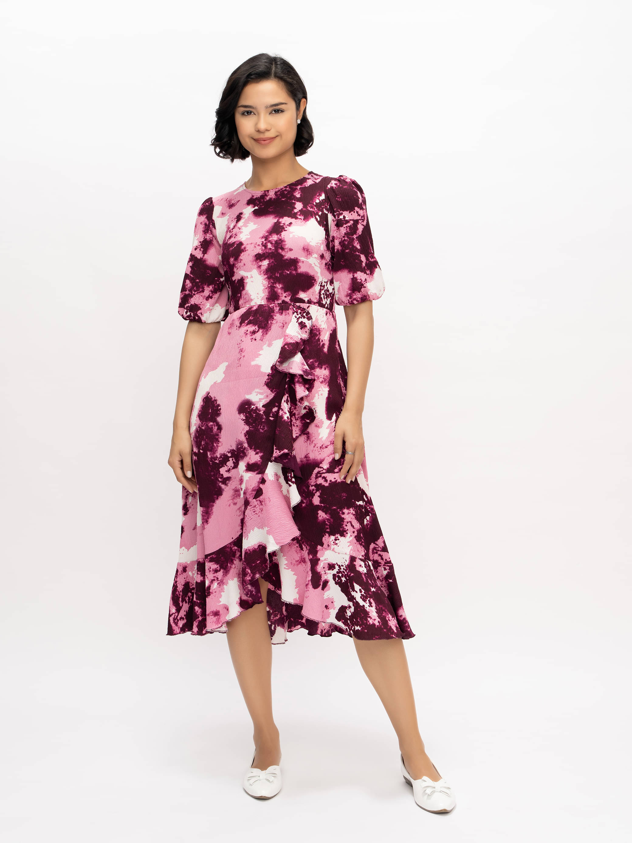     			aask Women Polyester Printed Fit & Flare Dress ( Wine )